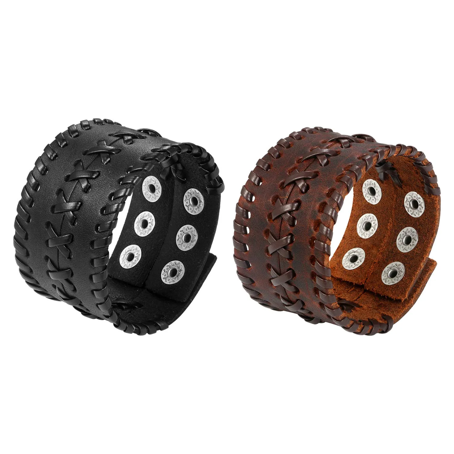 JewelryWe Bracciale Bangles per Uomo Bracciale in Pelle Fibbia in Lega Regolabile Grande Larghezza Nero Marrone