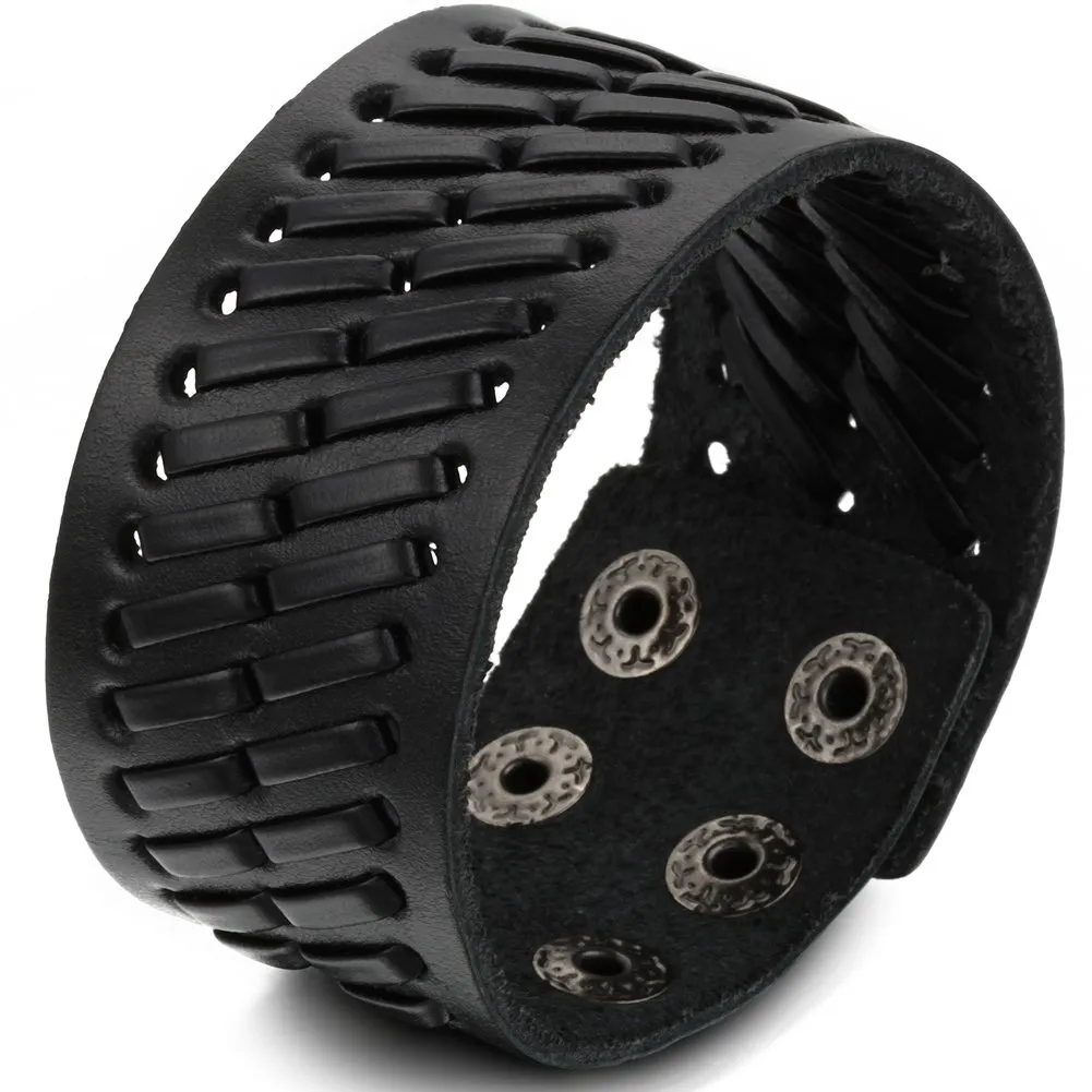 JewelryWe Bracciale da Uomo Donna Unisex Largo di Pelle PU Regolabile Colore Marrone Nero