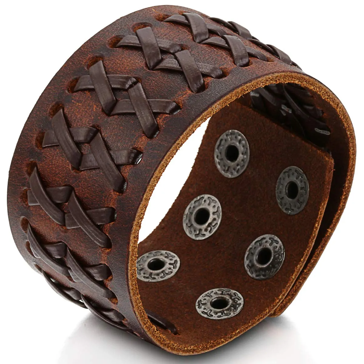JewelryWe Bracciale da Uomo Donna Unisex Largo di Pelle PU Regolabile Colore Marrone Nero