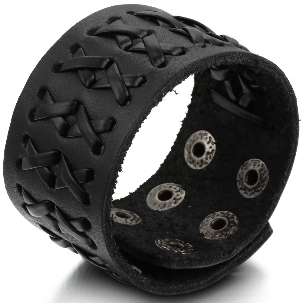 JewelryWe Bracciale da Uomo Donna Unisex Largo di Pelle PU Regolabile Colore Marrone Nero