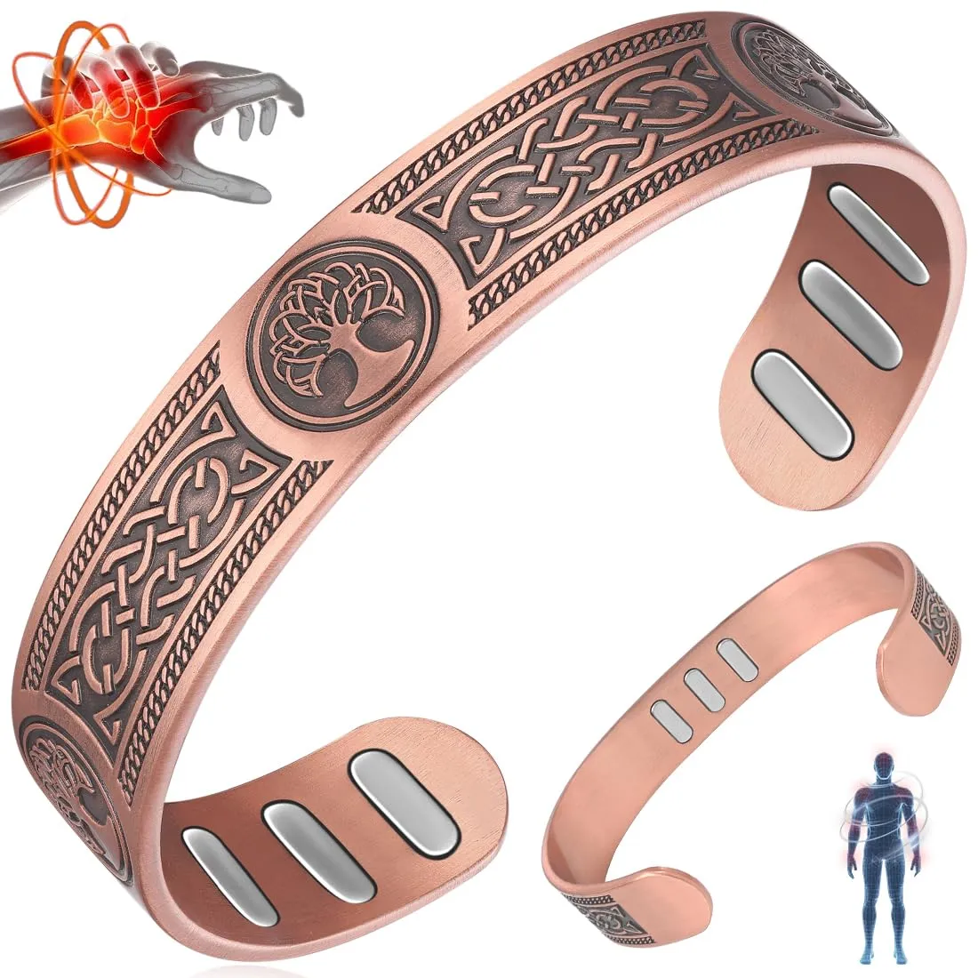 Vicmag Bracciale in rame con magneti da uomo, ultra rigido, magnetico, in rame, da uomo, 99,99% puro rame, misura regolabile, con confezione regalo, 18 cm