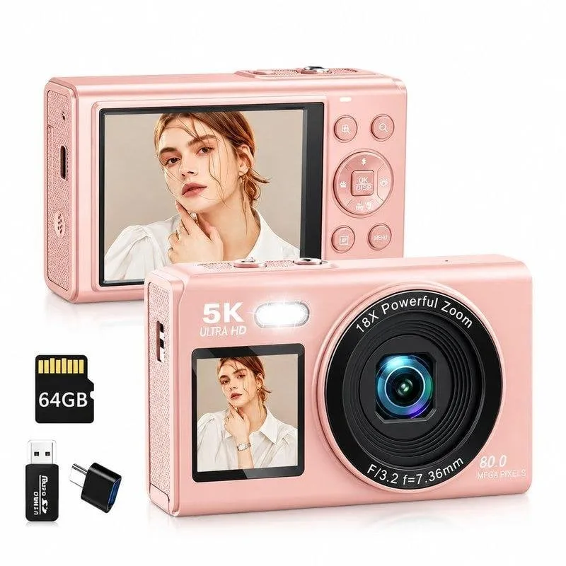 Fotocamera Compatta Digisand 80MP Zoom 18x WIFI Doppio Schermo Rosa