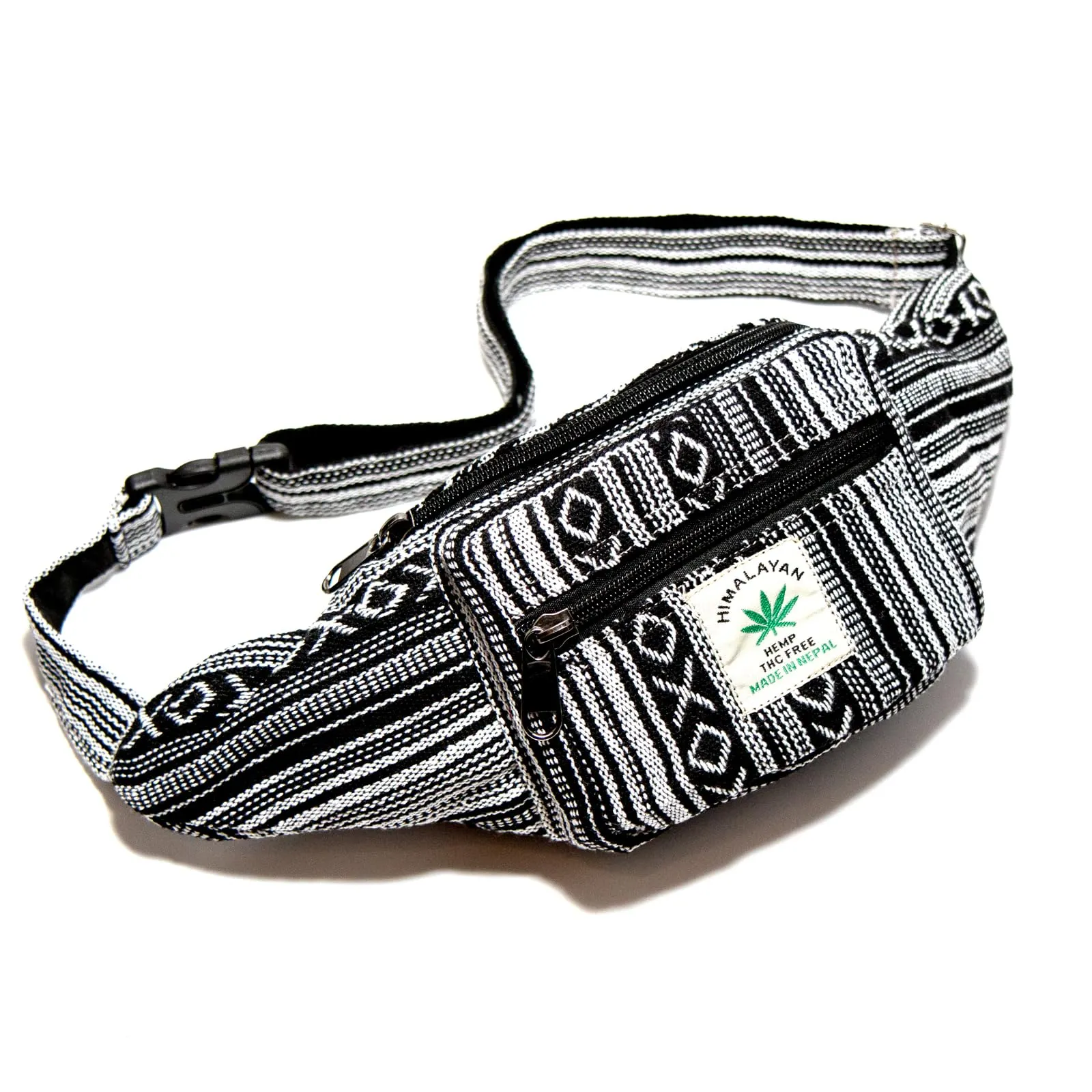 Marsupio Himalayan Hemp, ogni marsupio è un pezzo unico con stile, hipbag sostenibile in canapa, realizzato a mano in Nepal, Nero/Bianco, S