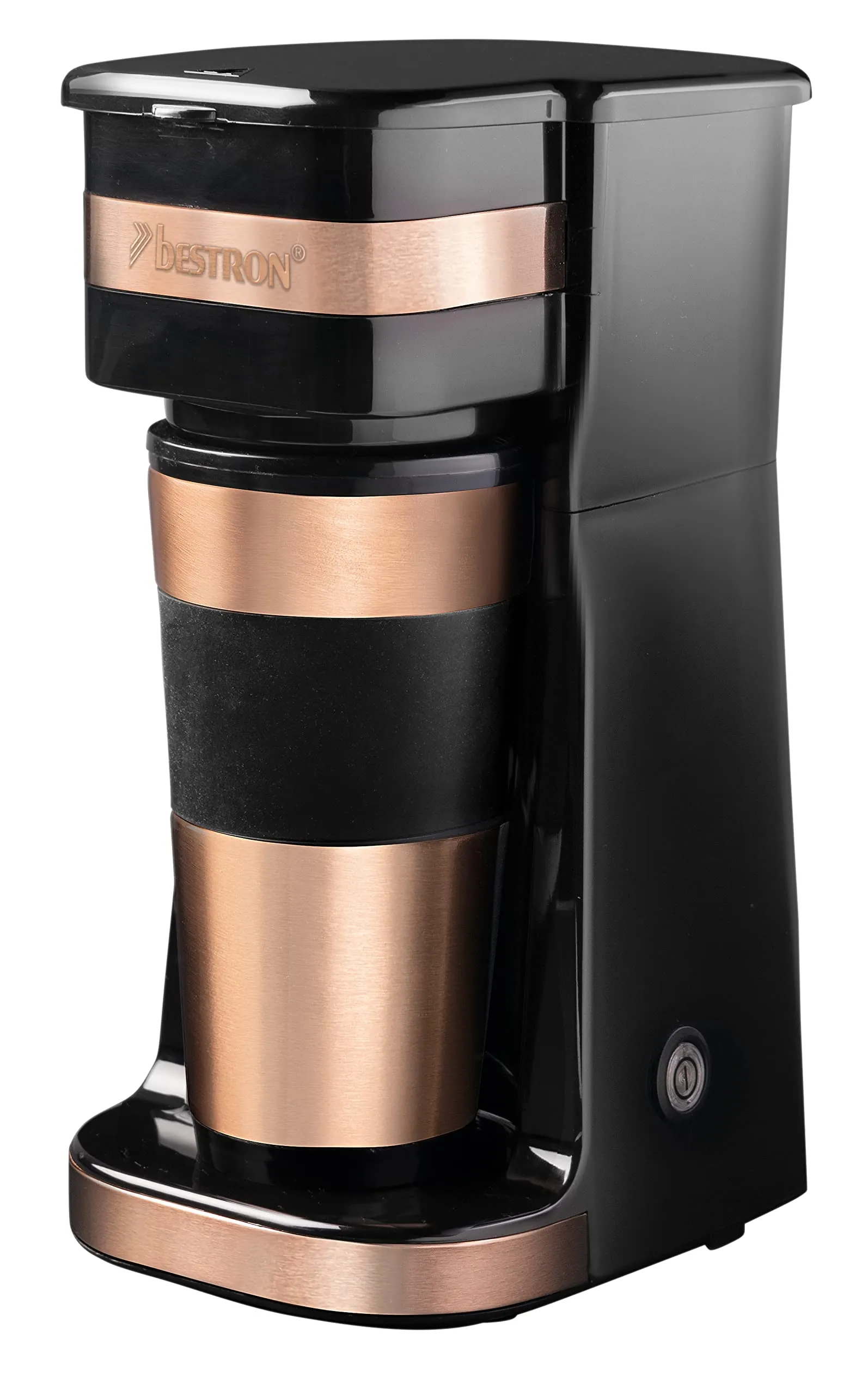 Bestron Caffettiera con tazza isolata, caffettiera da campeggio per caffè macinato con filtro, piccola caffettiera per 2 tazze grandi, 750 watt, acciaio inox, colore: rame
