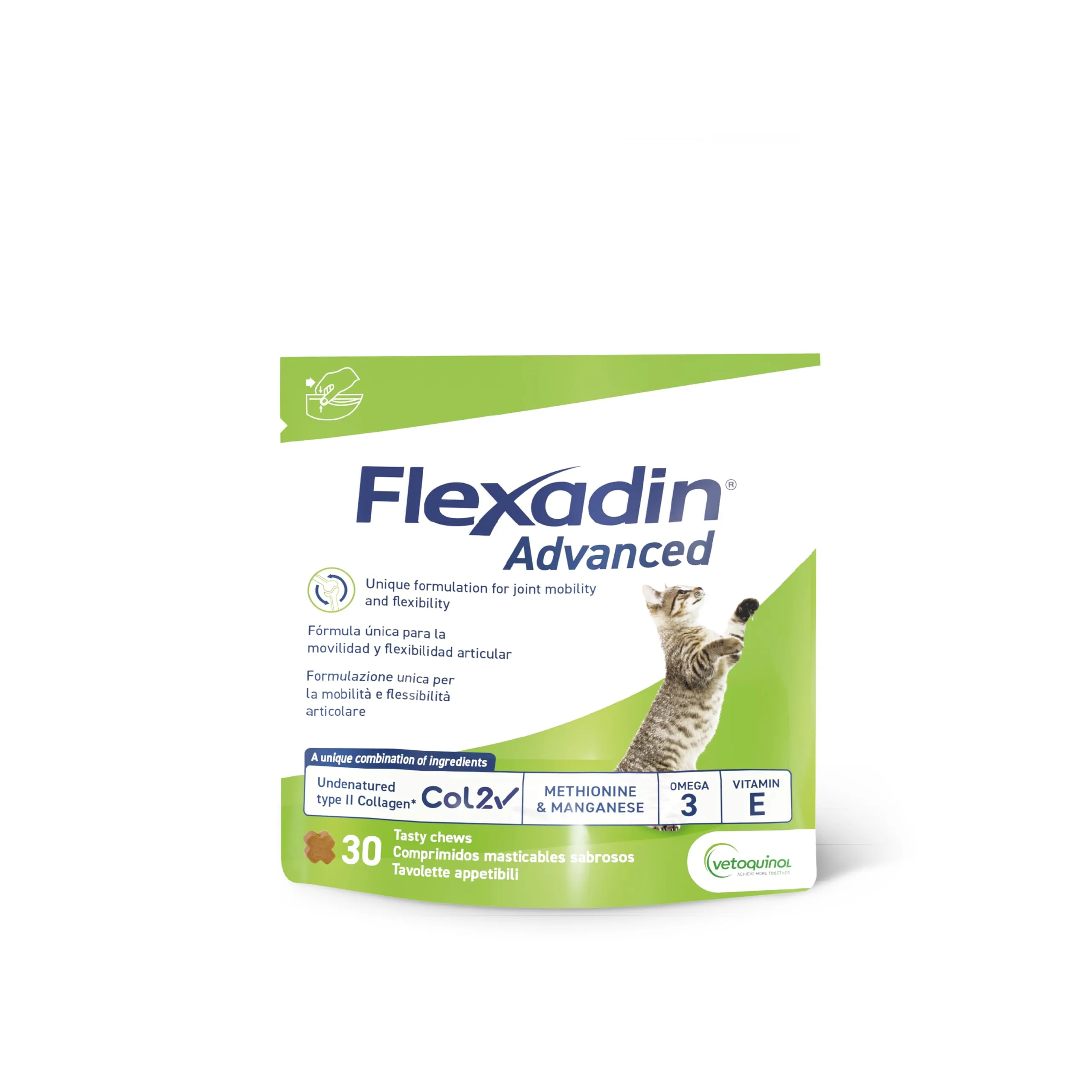 Vetoquinol Flexadin Advanced Gatto | Mangime Complementare per Gatti Adulti e Anziani con rigidità articolare | Preserva la mobilità | 30 Tavolette Appetibili, 1 volta al giorno
