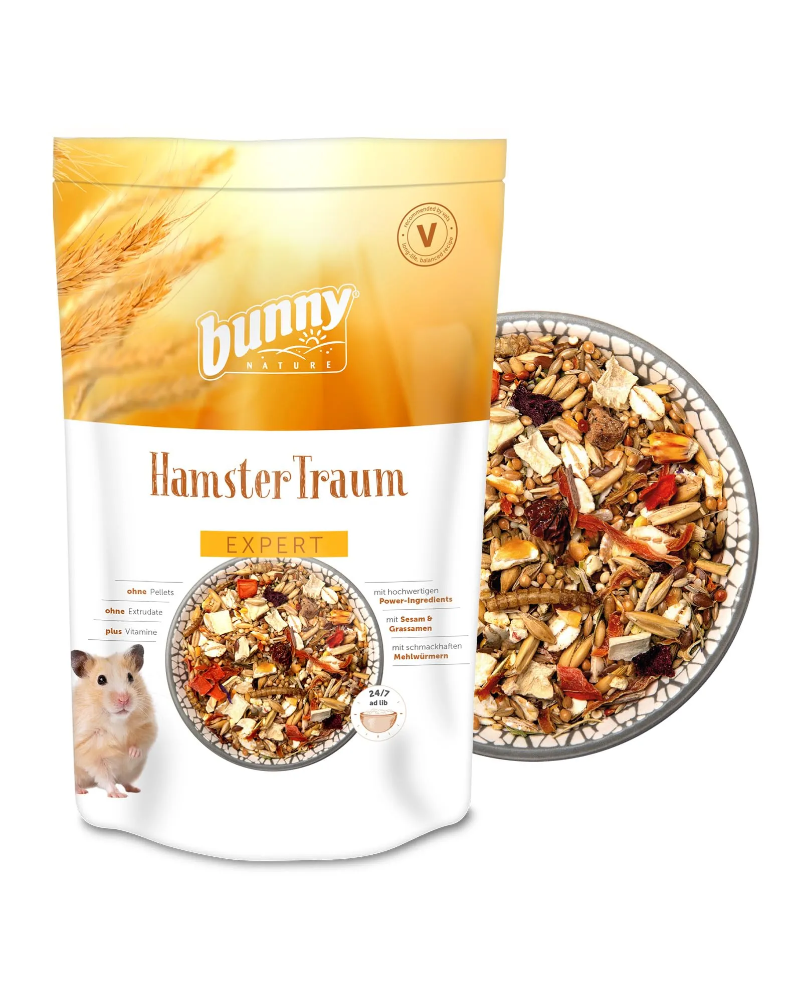 bunnyNature HamsterTraum Expert - Mangime completo di alta qualità per criceti, consigliato dal veterinario, con ingredienti potenti, sesamo, semi di erba e vermi di farina, senza estrusione e pellet,