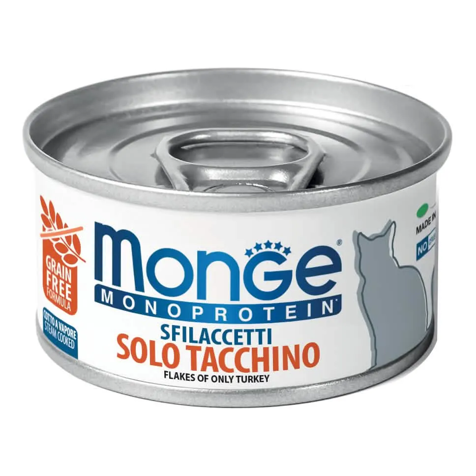 Monge Monoprotein Sfilaccetti Solo Tacchino 80 g - Alimento Completo per Gatti