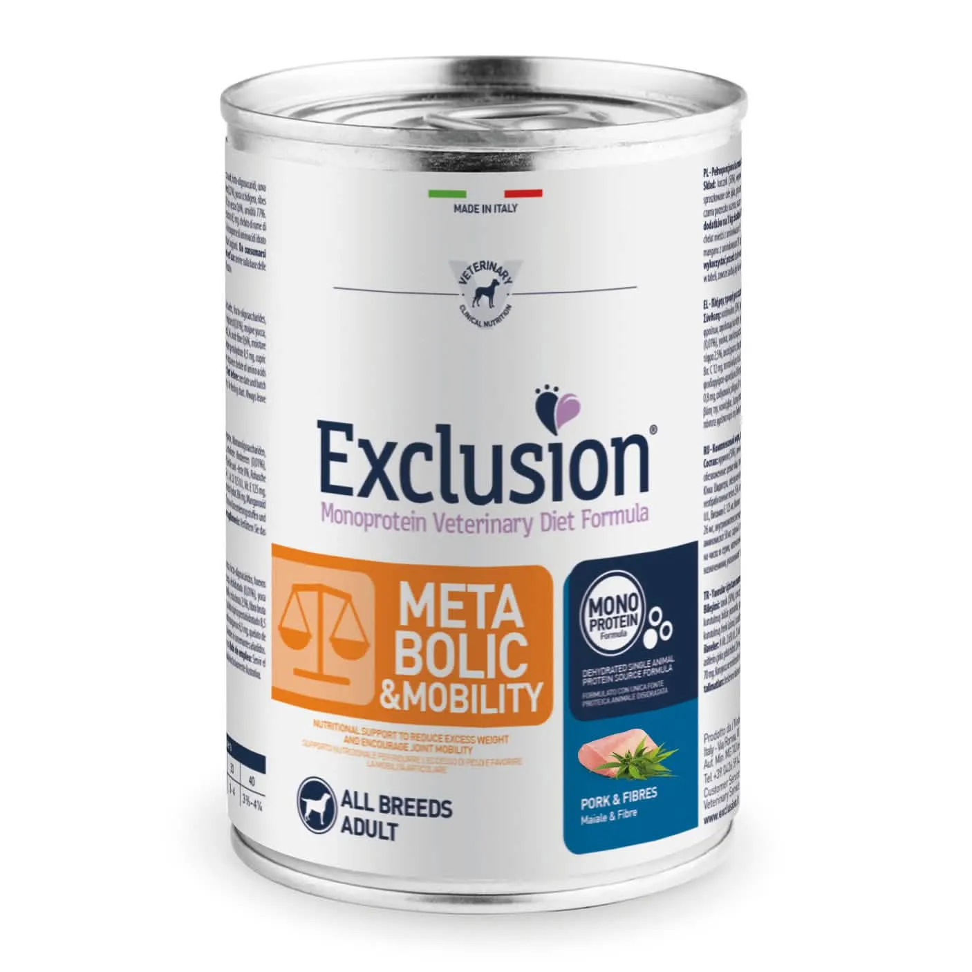 Exclusion monoprotein veterinary diet formula dog metabolic mobility pork and fibres all breeds 400 g canned