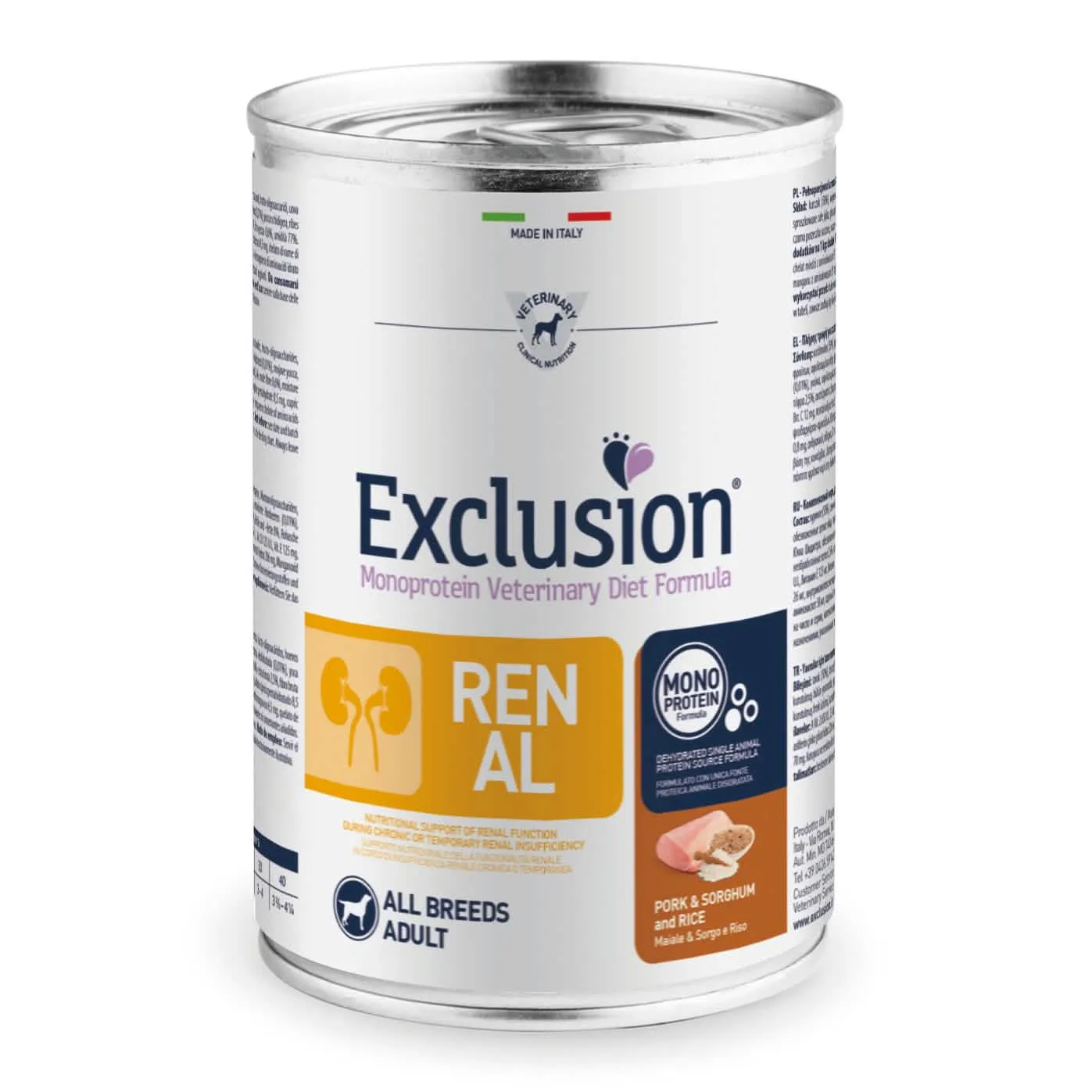 Exclusion monoprotein veterinary diet formula dog renal pork & sorghum and rice all breeds 400 g canned