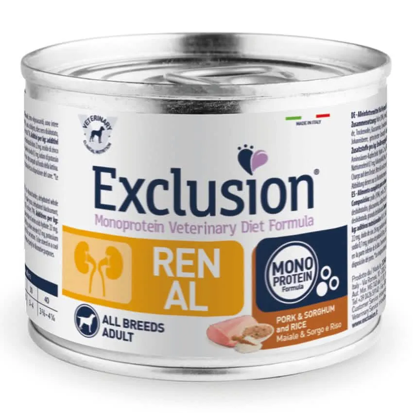 Exclusion monoprotein veterinary diet formula dog renal pork & sorghum and rice all breeds 200 g canned