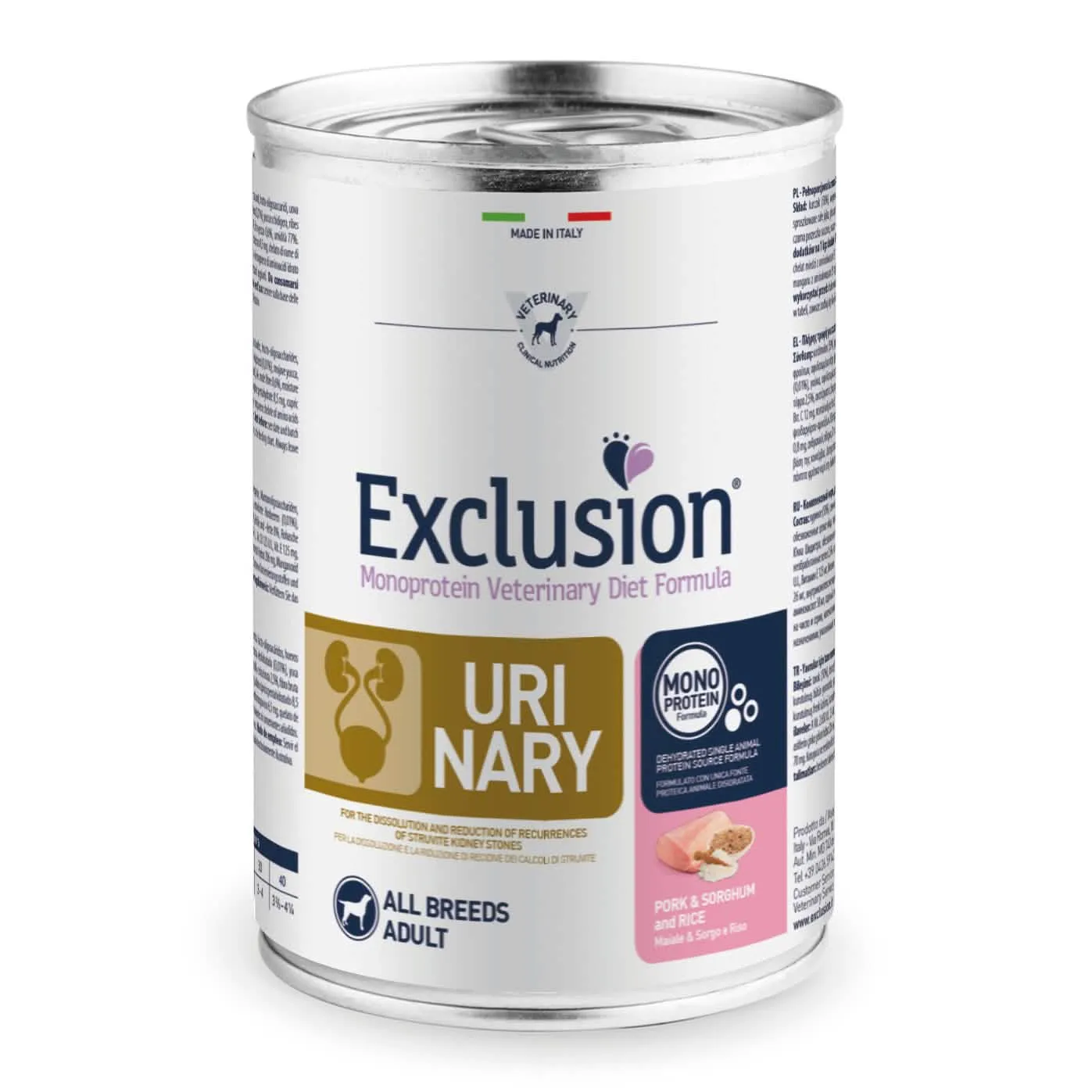 Exclusion monoprotein veterinary diet formula dog urinary pork & sorghum and rice all breeds 400 g canned