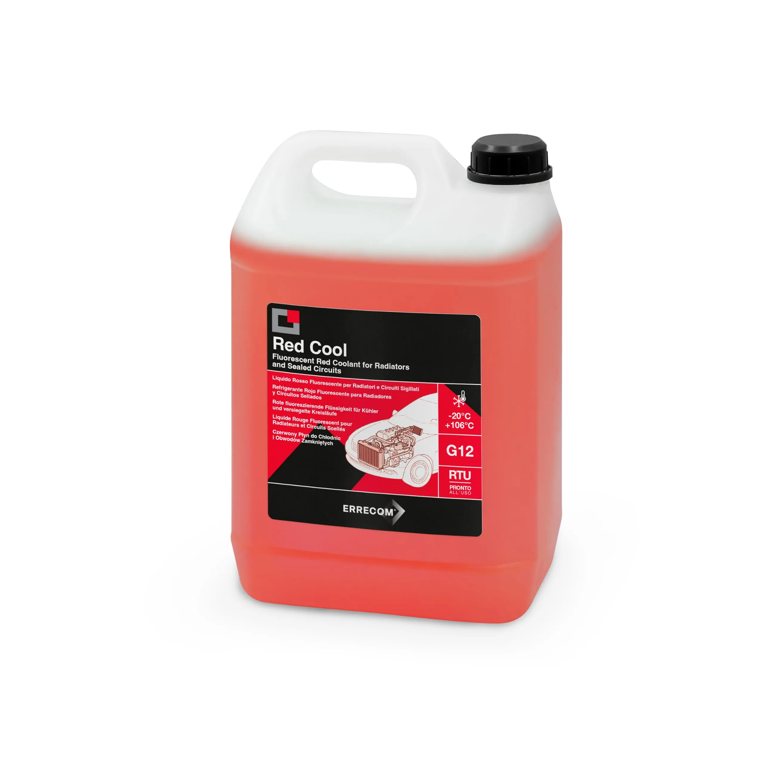 ERRECOM Red Cool, Liquido Radiatore Rosso Fluorescente -20°C/+106°C, antigelo G12 con Pacchetto inibitore a Base Organica Oat, Pronto all’Uso, 5 Litri