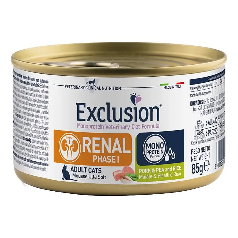 Exclusion monoprotein veterinary diet formula renal phase 1 pork & pea and rice 85 g