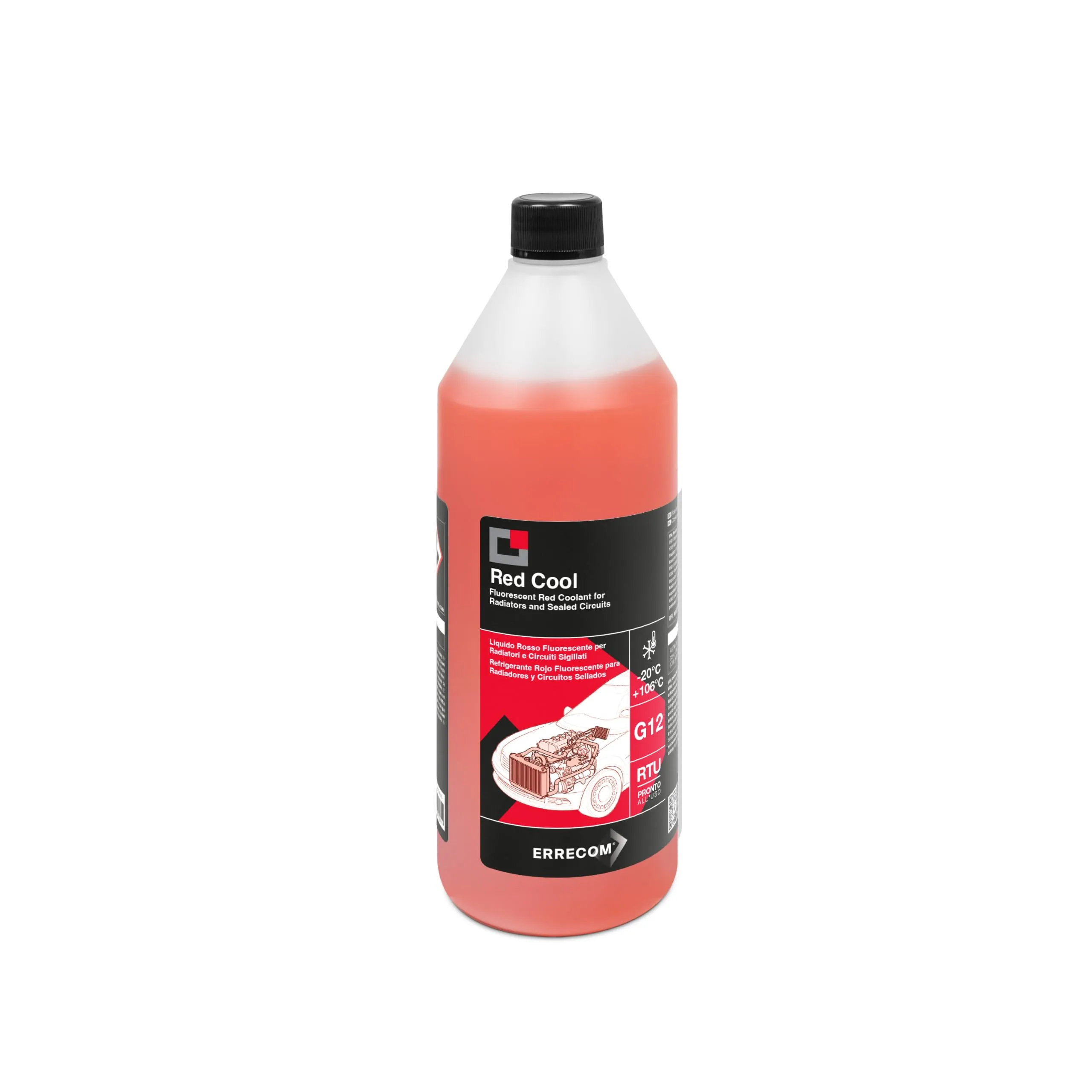 ERRECOM Red Cool, Liquido Radiatore Rosso Fluorescente -20°C/+106°C, antigelo G12 con Pacchetto inibitore a Base Organica Oat, Pronto all’Uso, 1 Litro