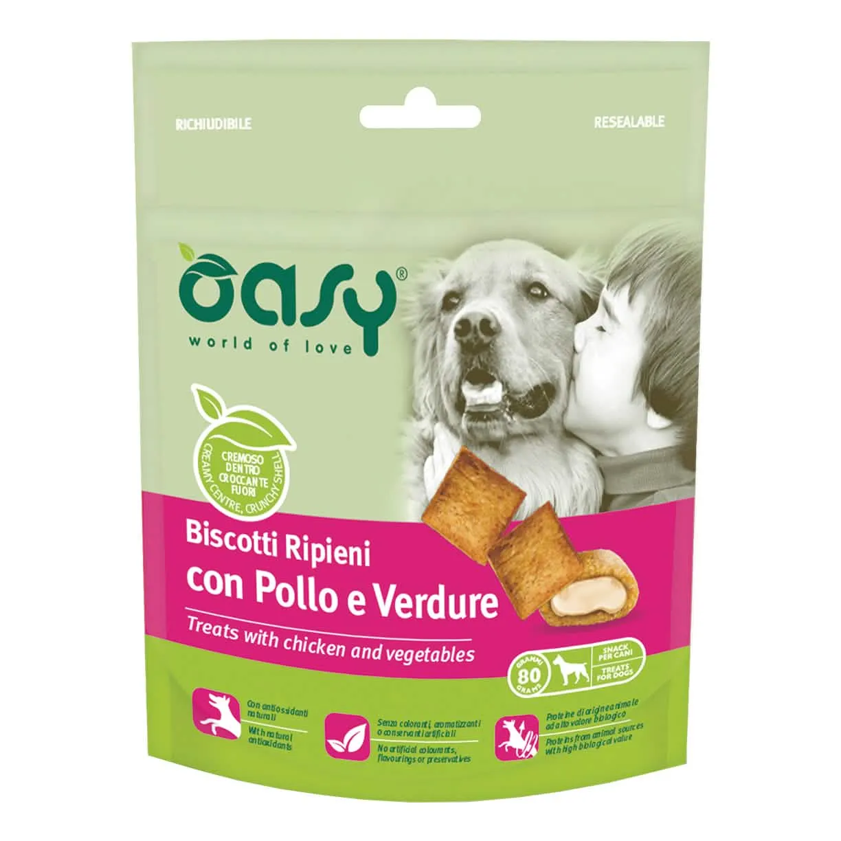 Oasy snack dog biscotti ripieni con pollo e verdure 80 g