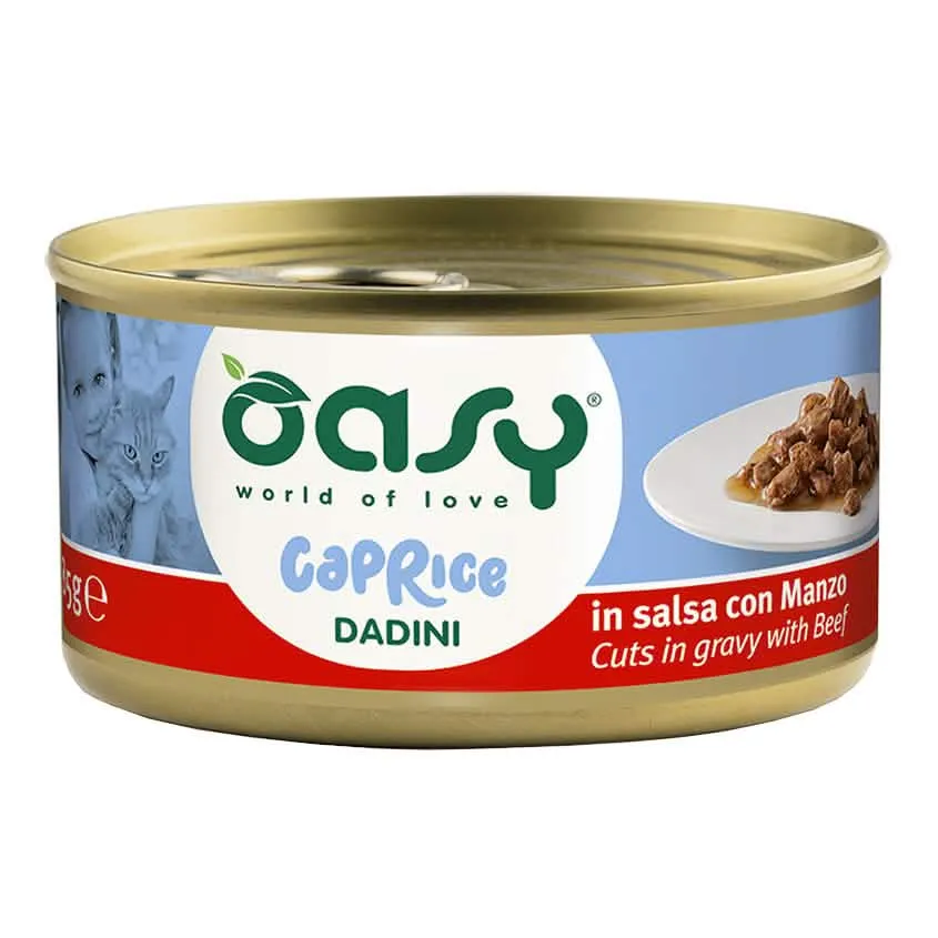Oasy wet cat caprice dadini con manzo lattina 85 g