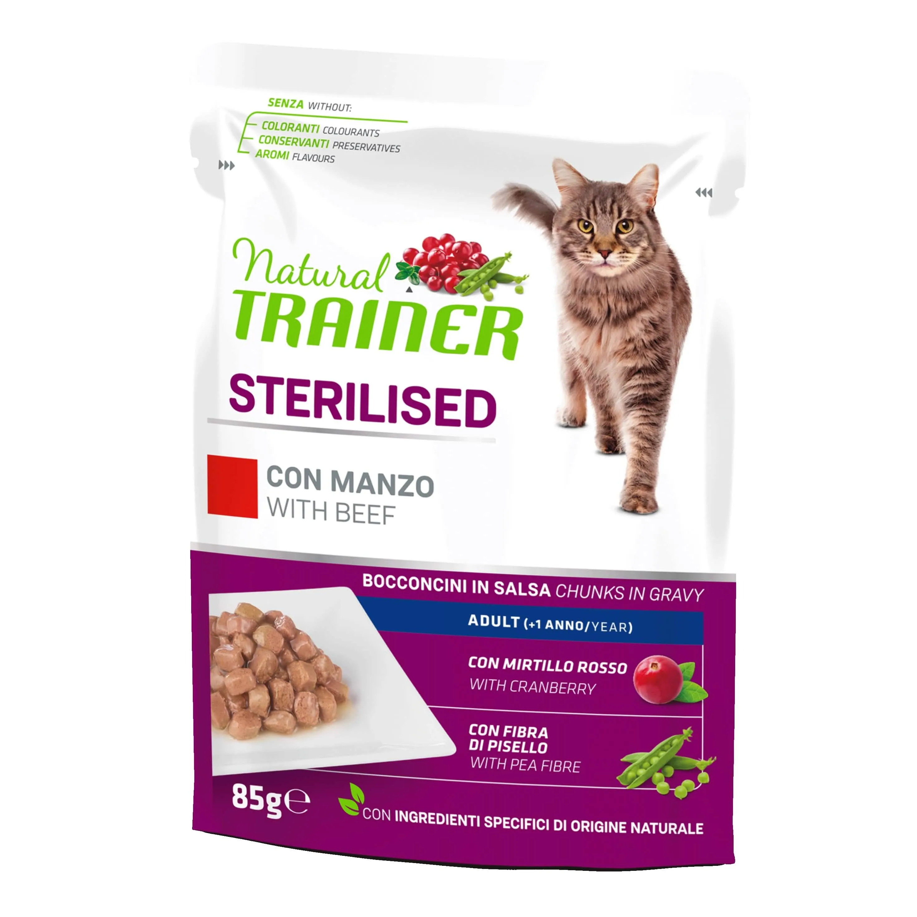 Trainer cat natural umido busta sterilised manzo beef 85 g bocconcini in salsa