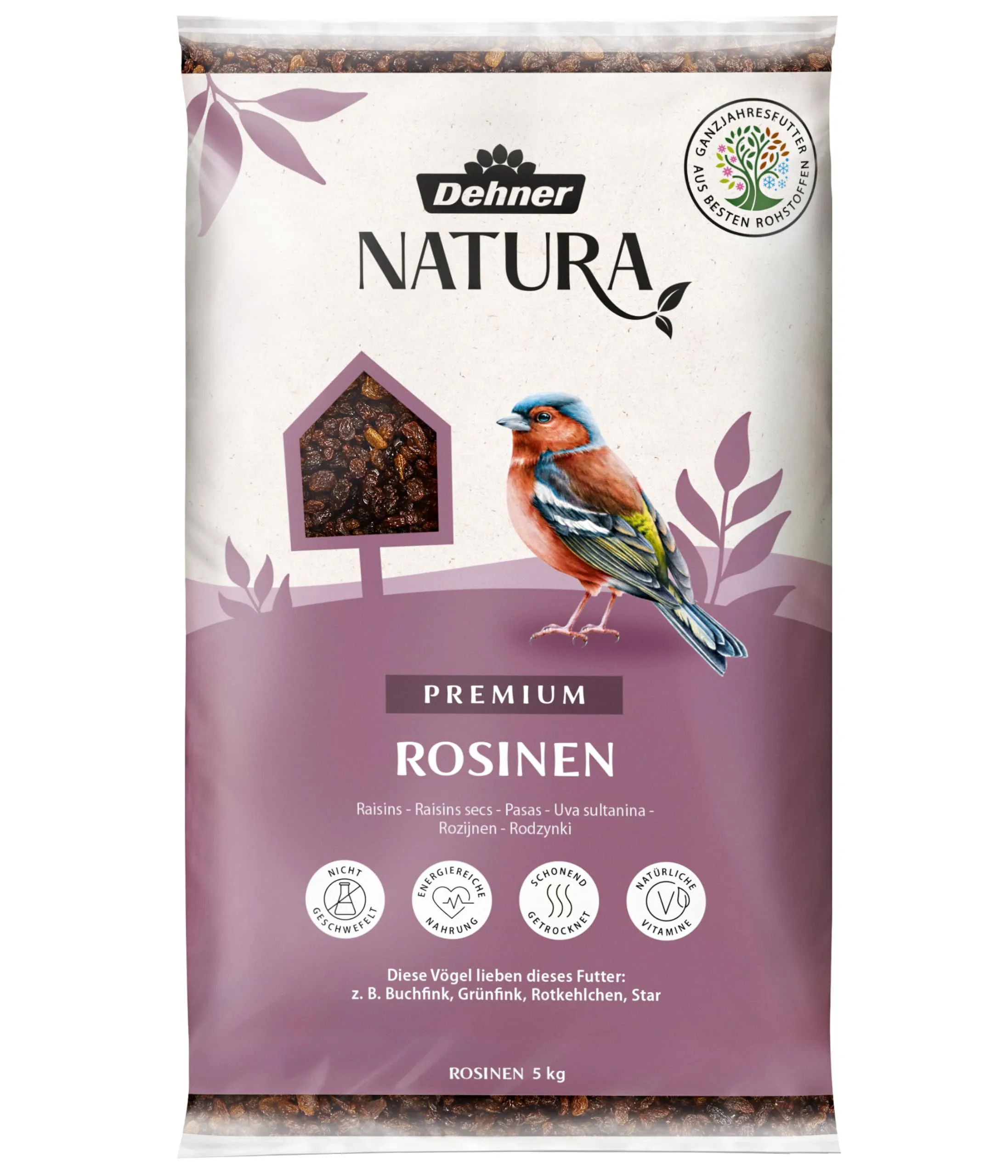 Dehner Natura Premium mangime per Uccelli, Cibo per Uccelli Selvatici Tutto L'Anno, Uvetta per merli, tordi e pettirossi, Senza additivi chimici, 5 kg.