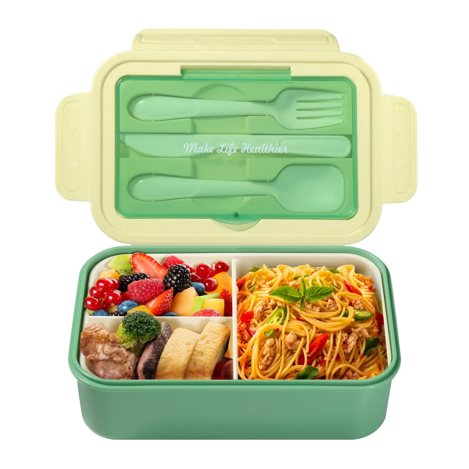 Diboniur Lunch Box 1400 ml con 3 Scomparti e Posate, Verde