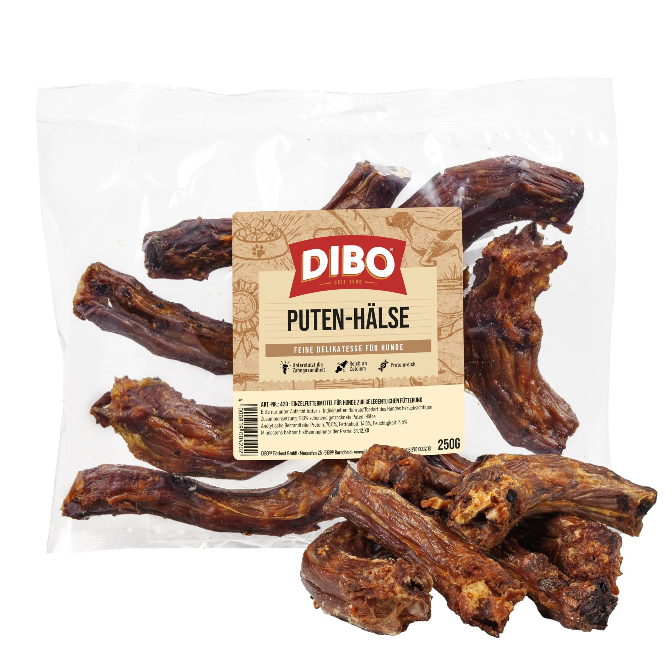 DIBO Colli di tacchino, sacchetto da 250 g, piccolo snack o dolcetti per alimenti, cibo per cani, articoli da masticare di qualità senza prodotti chimici