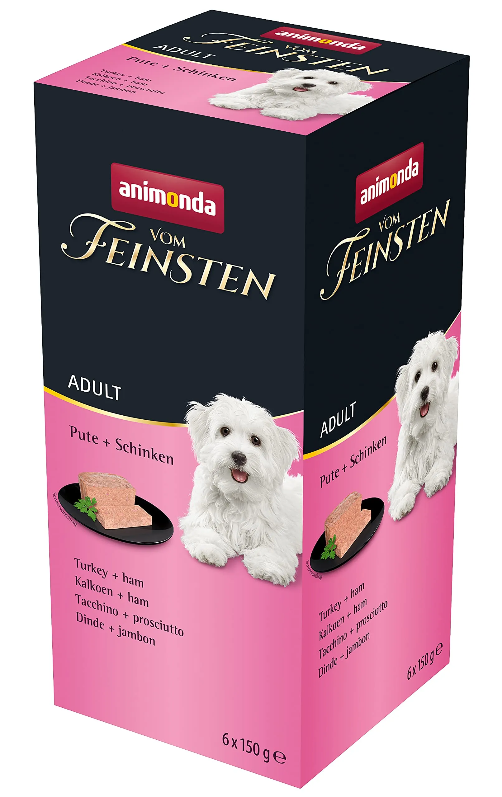 animonda vom Feinsten Cibo per cani bagnato con tacchino + prosciutto (6 x 150 g), senza cereali, senza zucchero, con ingredienti freschi e carnosi