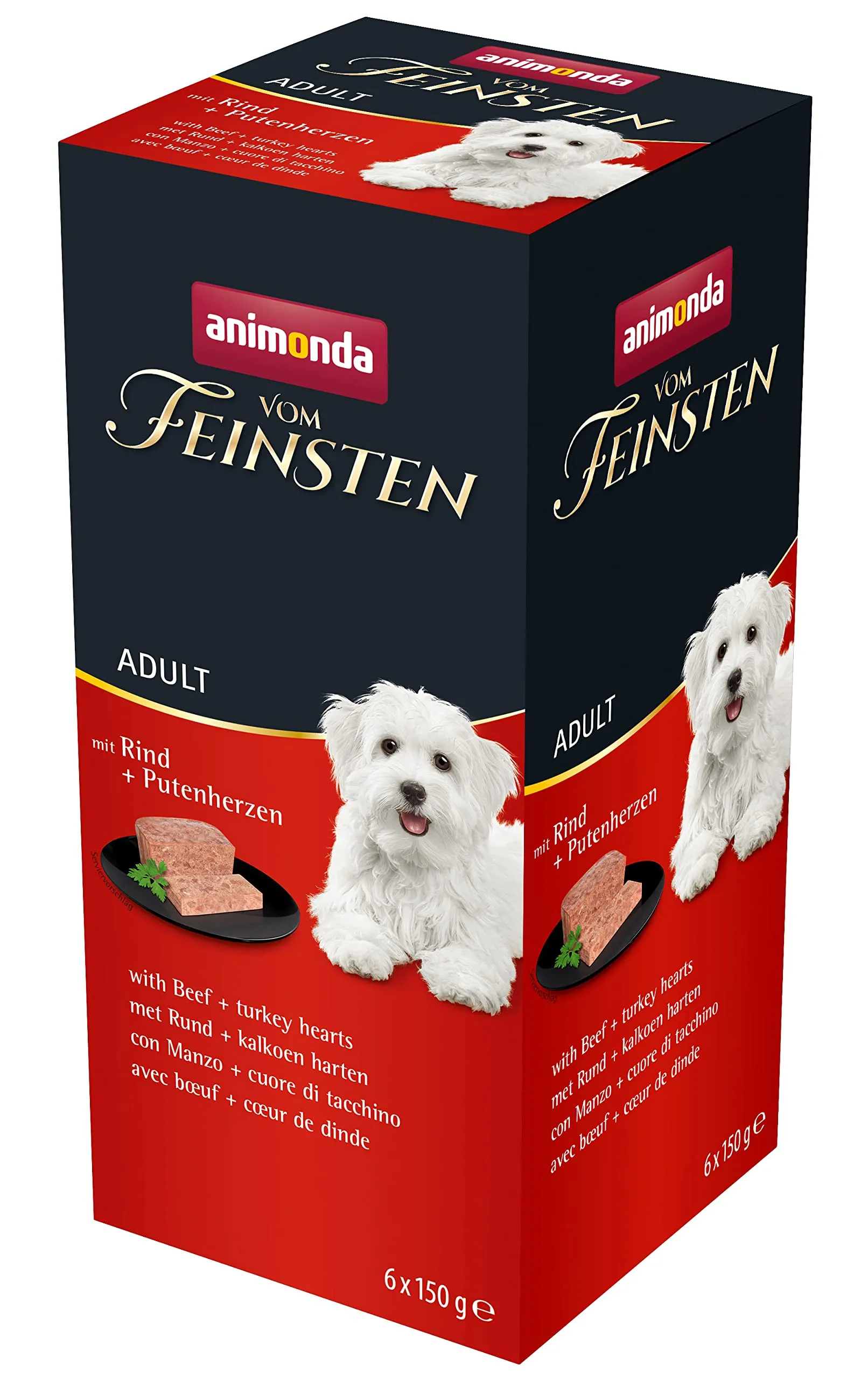 Del miglior cibo per cani bagnato con manzo + cuori di tacchino (6 x 150 g), cibo per cani senza cereali e zucchero di animonda, ingredienti freschi e carnali