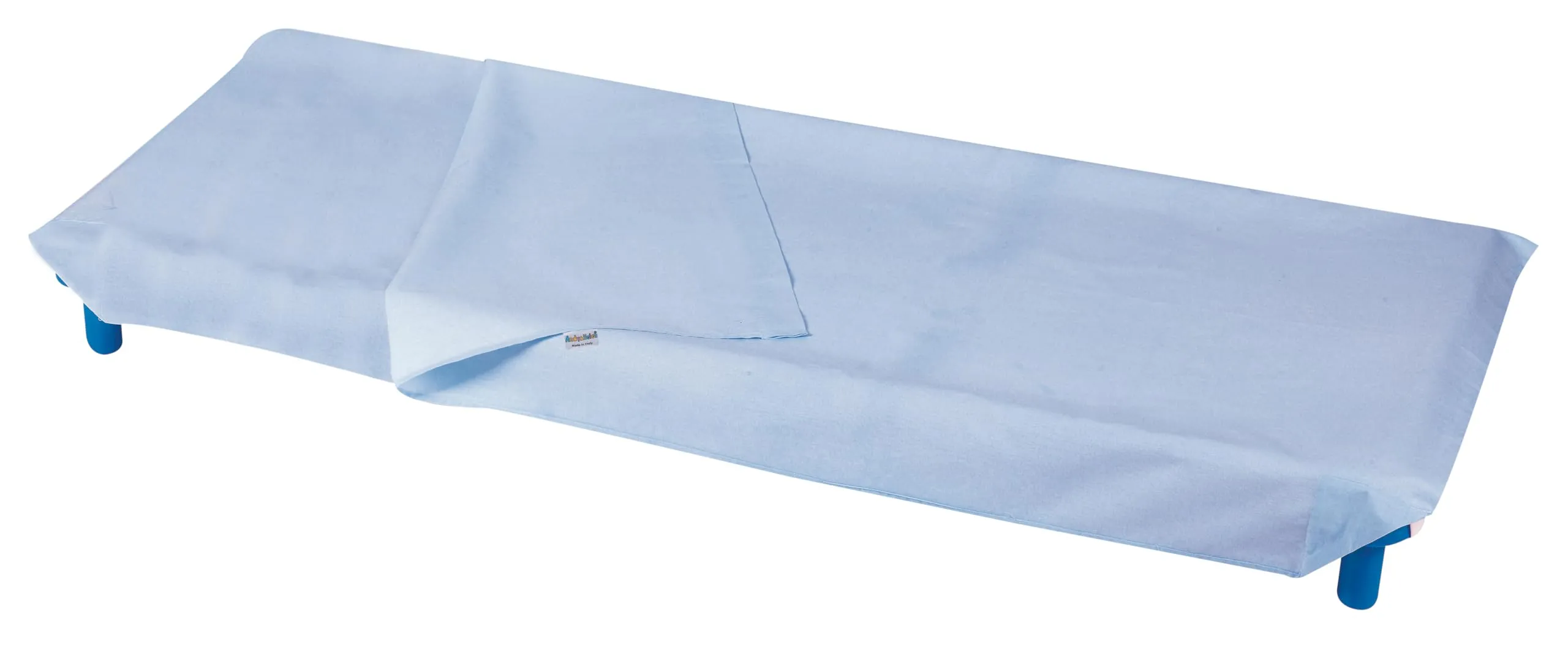 ANDY & HELEN® - Sacco lenzuolo (sopra+sotto) per brandina asilo con angoli elasticizzati per una totale aderenza. Misure standard 65x140 cm in 100% cotone, Celeste