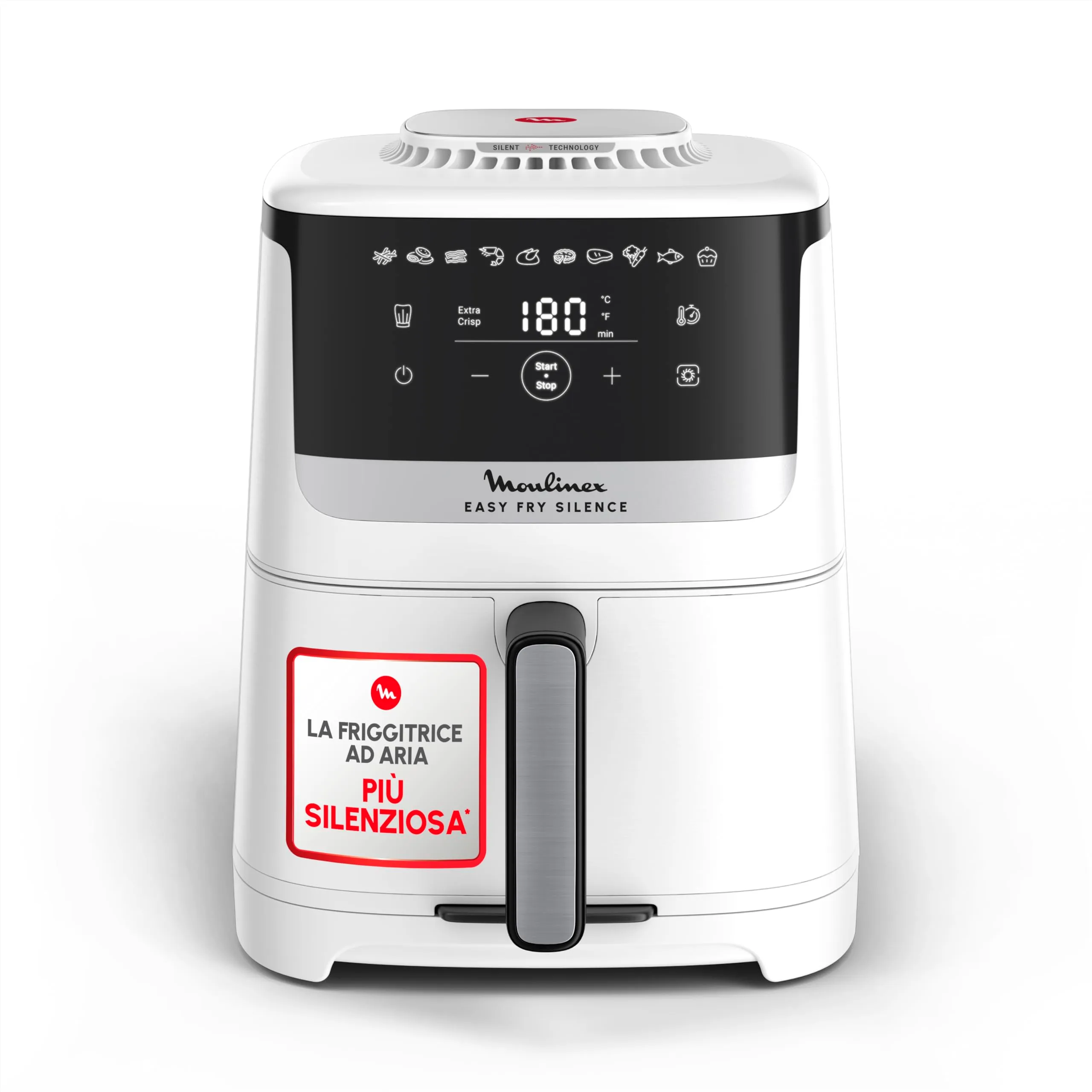 Moulinex Easy Fry Silence, Friggitrice ad Aria Silenziosa 5L/1.5kg per 6 Persone, 1670W, Sistema Easy Clean & Store, 10 Programmi, Touchscreen e Cestello Lavabile in Lavastoviglie, Bianca EZ5521