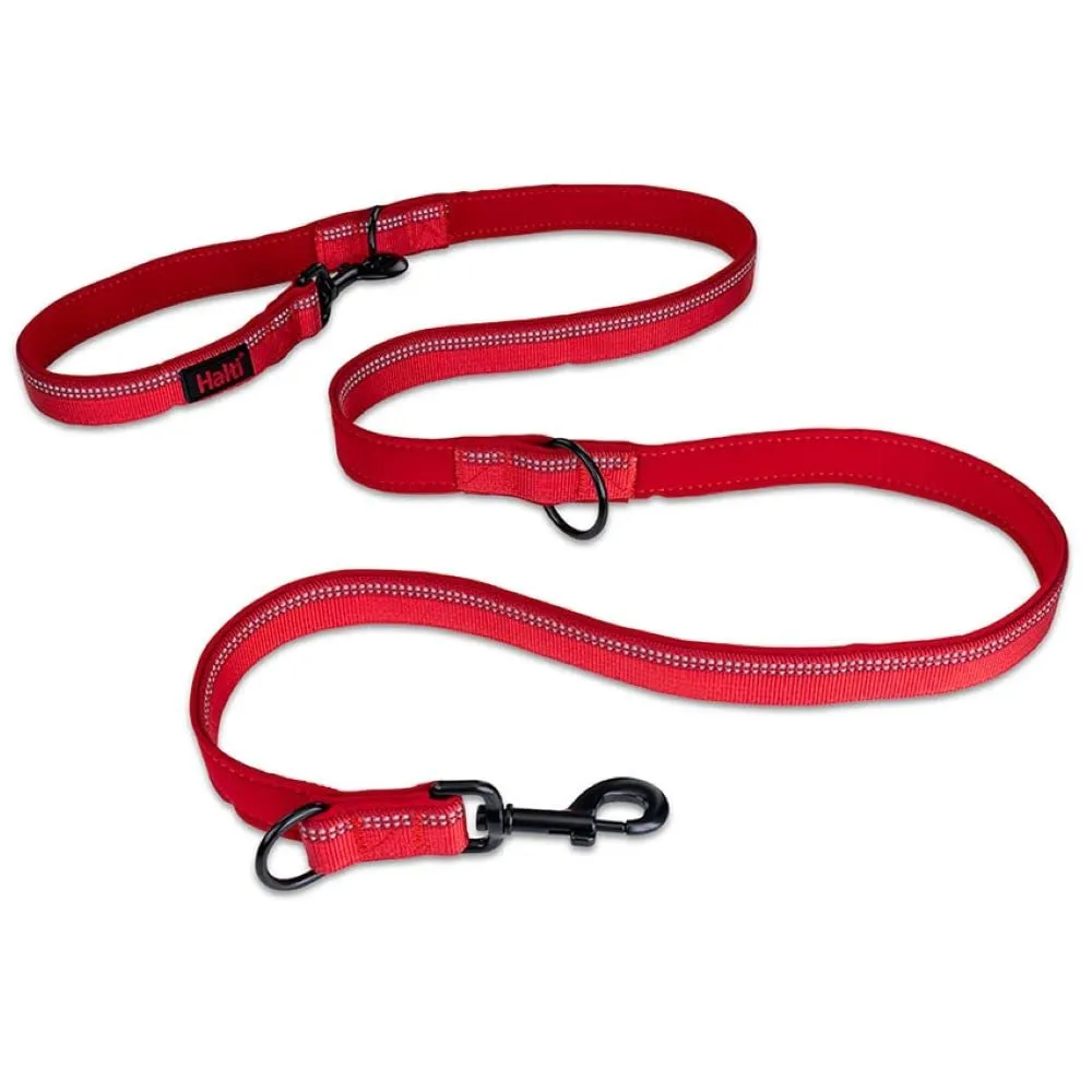 Guinzaglio a doppia estremità HALTI - guinzaglio da addestramento con imbottitura in neoprene, tessuto catarifrangente 3M e lunghezza regolabile. Ideale per cani medi e grandi (taglia L, rosso)