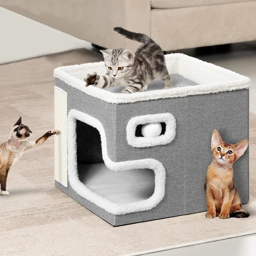 BAKAJI Cuccia per Gatti pieghevole con Grande Ingresso, Casetta Rifugio per Animali Domestici, Tiragraffi in Poliestere Caldo e Imbottito, Cuccetta Graffiatoio Base Antiscivolo 42x42x33 cm (Grigio)