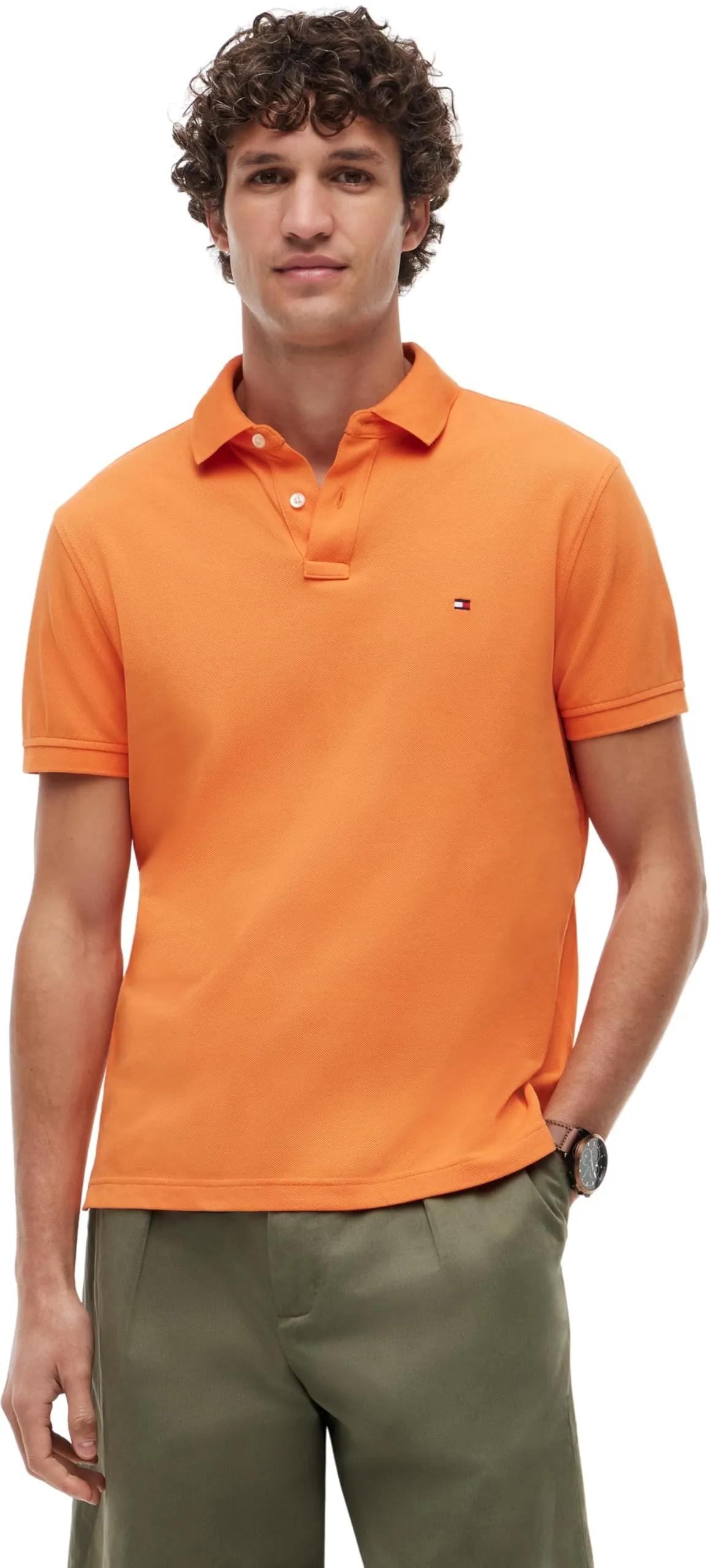 Tommy Hilfiger Uomo Maglietta Polo Maniche Corte 1985 Regular Fit, Arancione (Orange Tulip), XS
