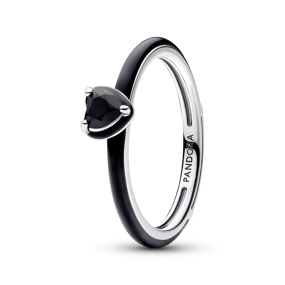 PANDORA ME Anello con cuore in argento 9 con cristallo nero e smalto nero, 48