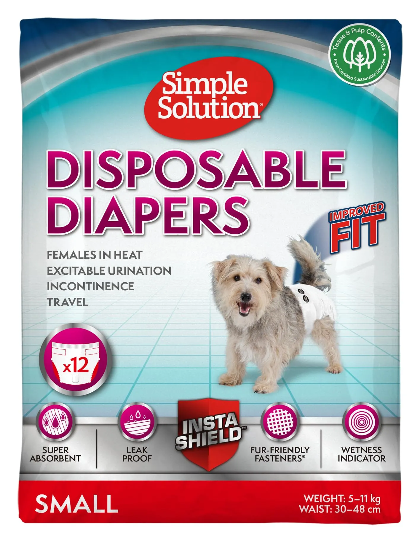 Simple Solution Nuovi ‘True Fit’ Pannolini Monuso per Cani Femmina con Idicatore di Bagnato Piccolo – 12 pezzi