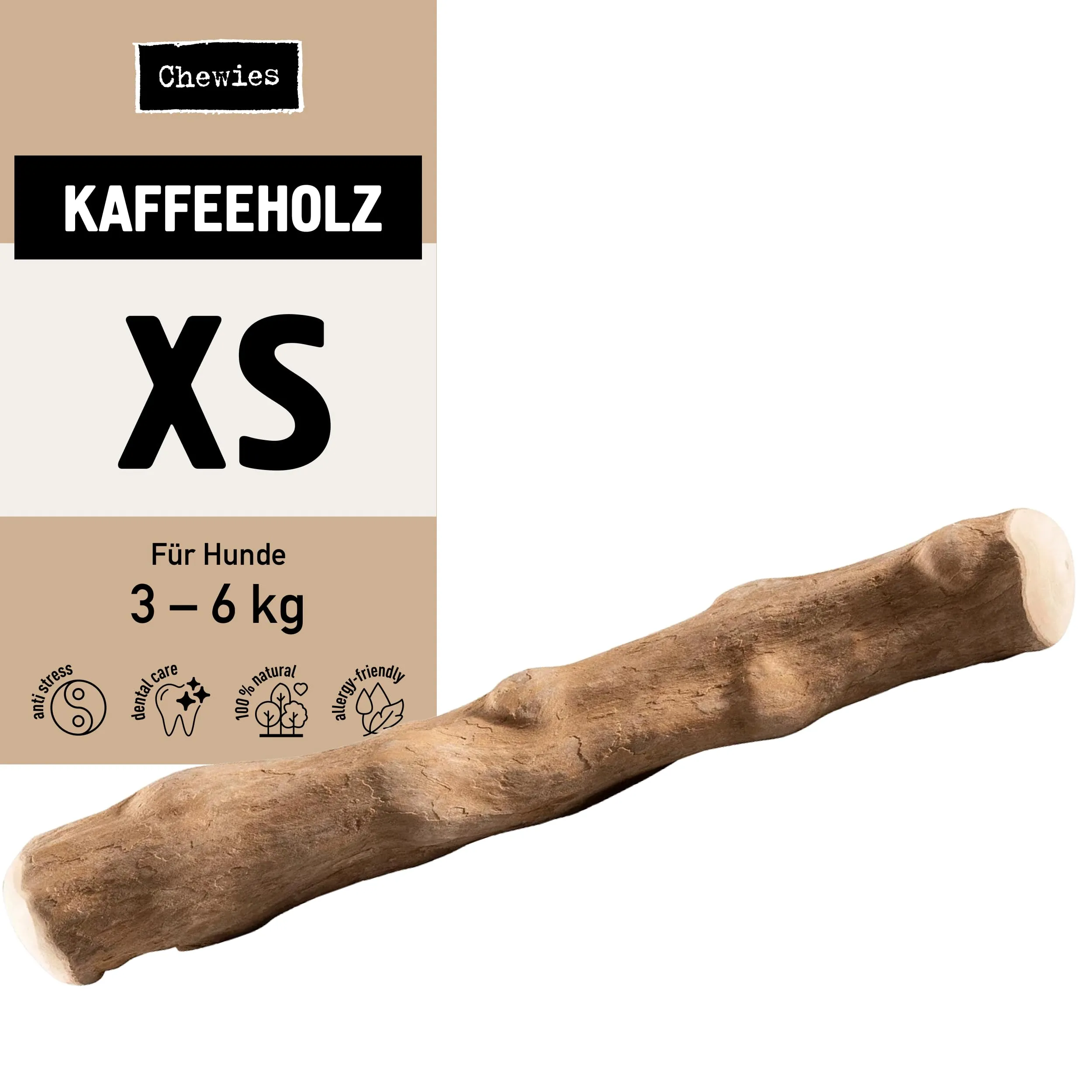 Chewies - Bastone da Masticare in Legno di Caffè per Cani, 100% Naturale, a Basso Rischio e Durevole, Misura XS per Cani Fino a 5 kg