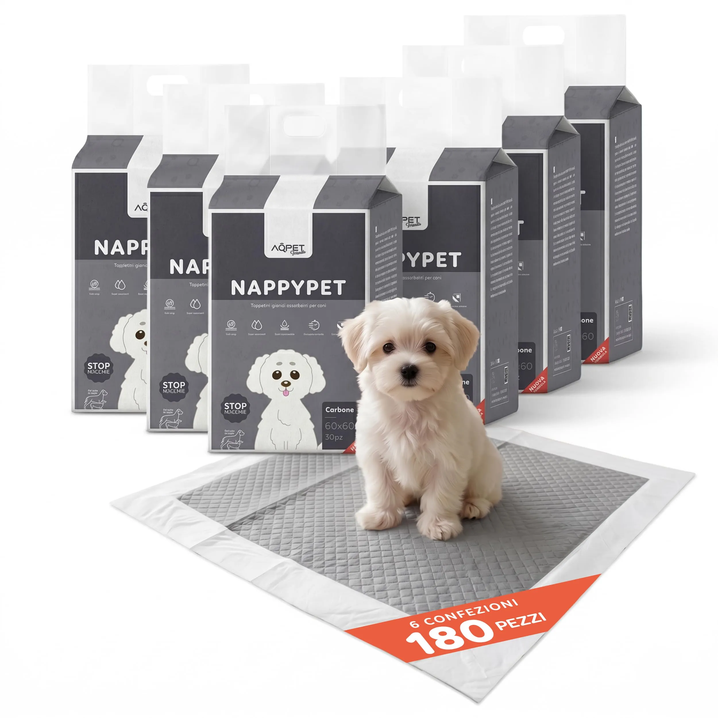 AQPET Tappetini per Cani ai Carboni Attivi 5 Strati 60x60 cm, 180 Pezzi
