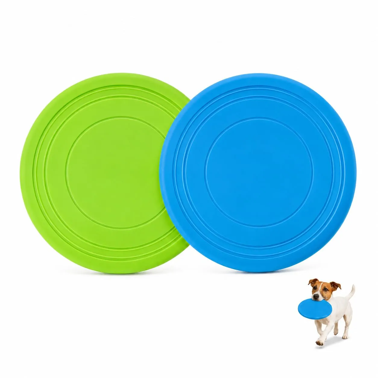 JAPORIA Frisbee per Cani 2 Pezzi in Gomma Morbida, Disc Dog Resistente con Texture Antiscivolo, Frisbee Giocattolo Interattivo Ideale per Addestramento e Giochi all'Aperto, Blu e Verde