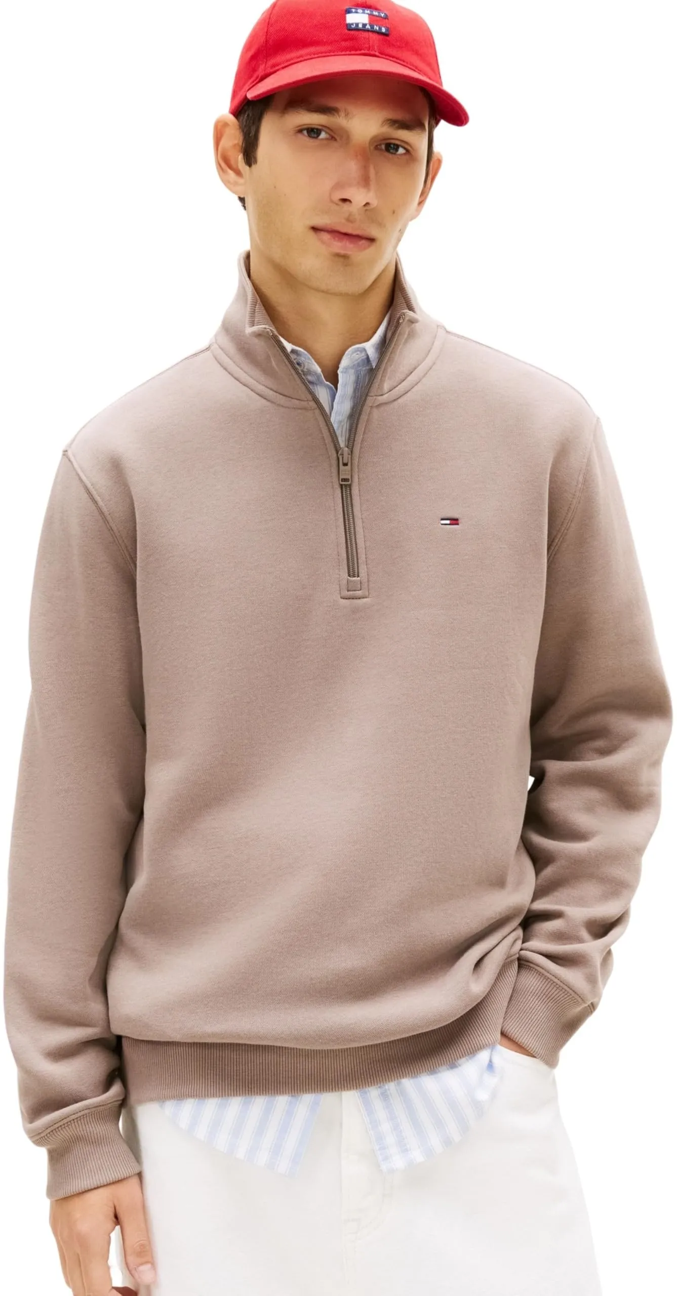 Tommy Jeans Uomo Felpa con Cerniera Fleece con Collo a Lupetto, Beige (Ivy Mink), XXL