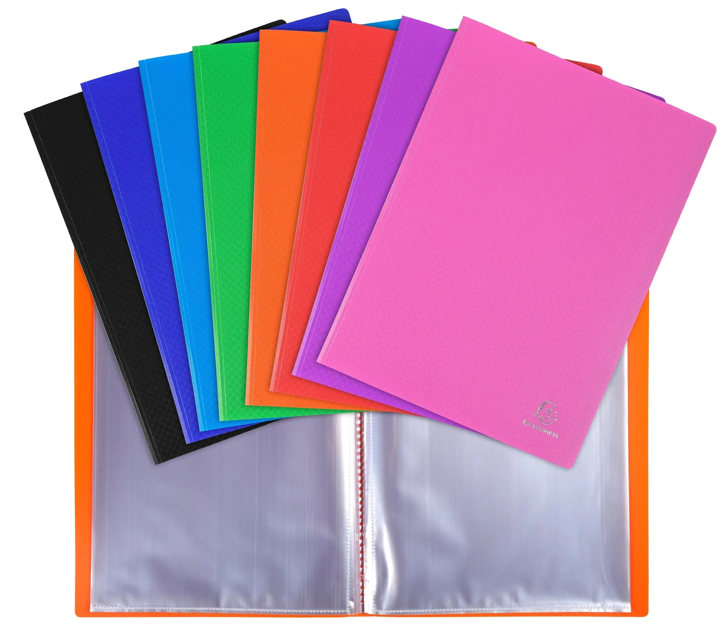 Exacompta - Rif. 8860E - Cartone da 8 portadocumenti OPAK, 60 buste in cristallo liscio, 120 viste, per formato A4, dimensioni 24 x 32 cm, copertina in polipro semirigida, colori assortiti