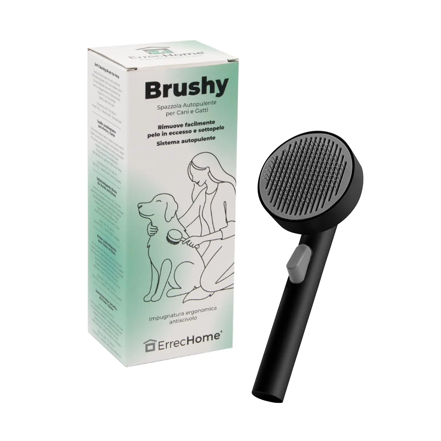 ErrecHome Brushy Spazzola per Cani e Gatti, con Sistema Autopulente