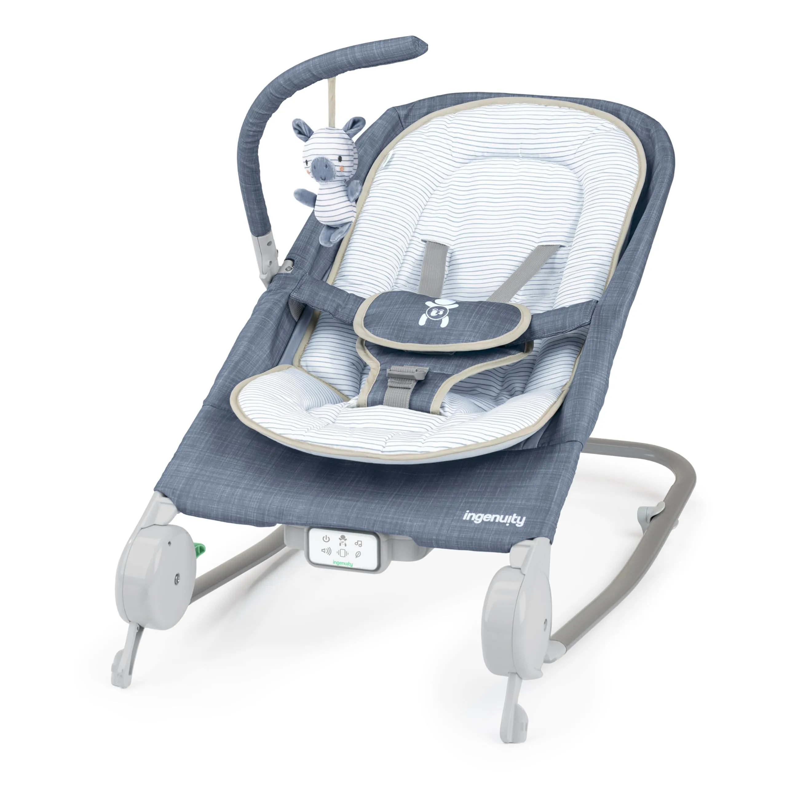 Ingenuity, Sedile sdraietta-dondolo Happy Belly, con musica, vibrazioni, barra dei giocattoli rimovibile, zebra di peluche, 0-6 mesi, blu - Chambray