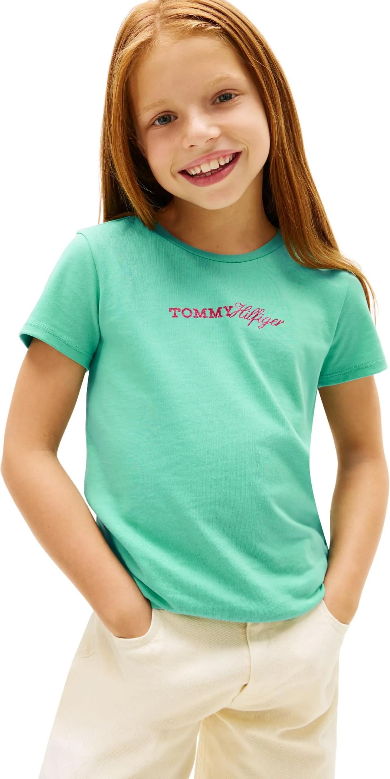 Tommy Hilfiger Bambina T-Shirt Maniche Corte Script Slim Fit, Verde (Tropical Tide), 8 Anni