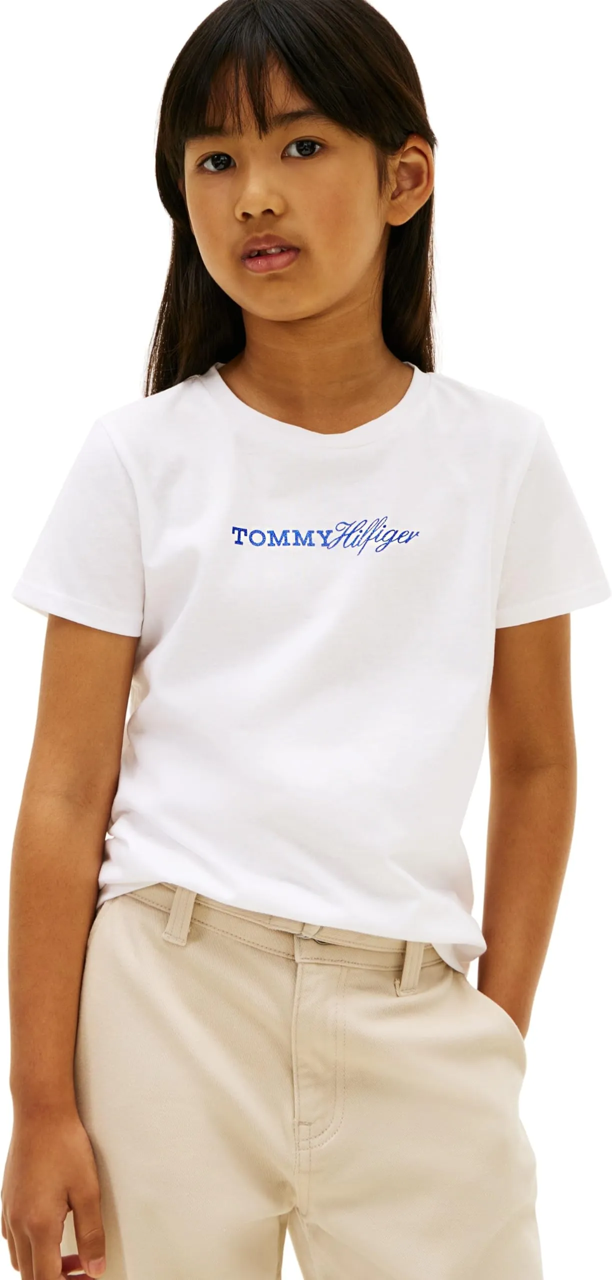 Tommy Hilfiger Bambina T-Shirt Maniche Corte Script Slim Fit, Bianco (White), 4 Anni