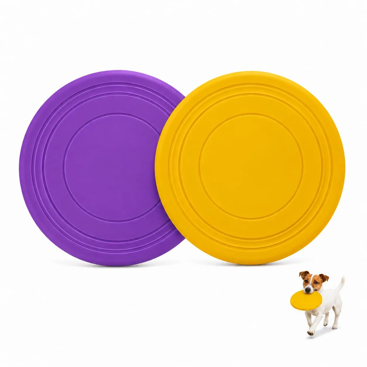 JAPORIA Frisbee per Cani 2 Pezzi in Gomma Morbida, Disc Dog Resistente con Texture Antiscivolo, Frisbee Giocattolo Interattivo Ideale per Addestramento e Giochi all'Aperto, Amarillo‑Morado