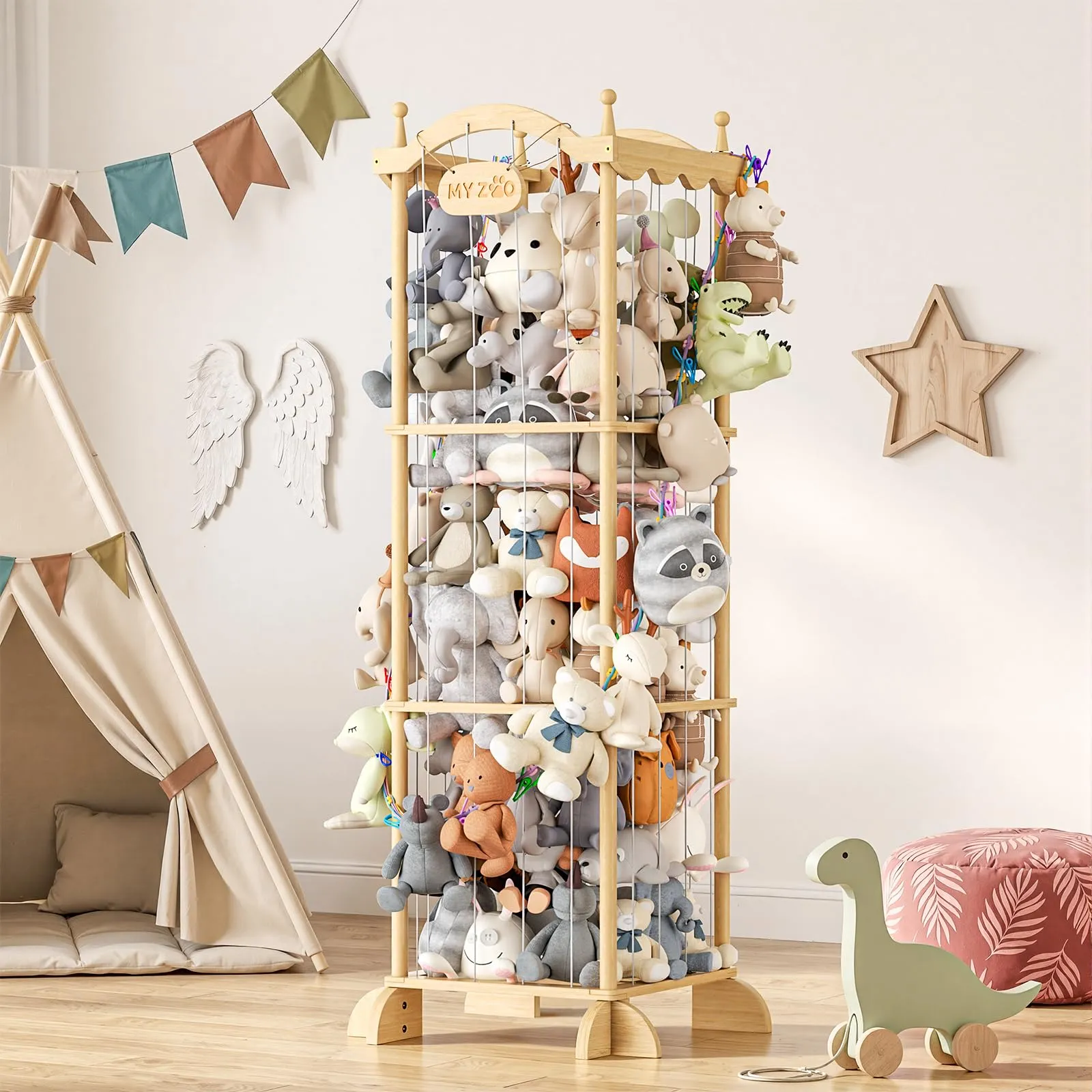 COSYLAND Organizer Peluche per Bambini in Legno di Pino, 141 x 55 x 49 cm
