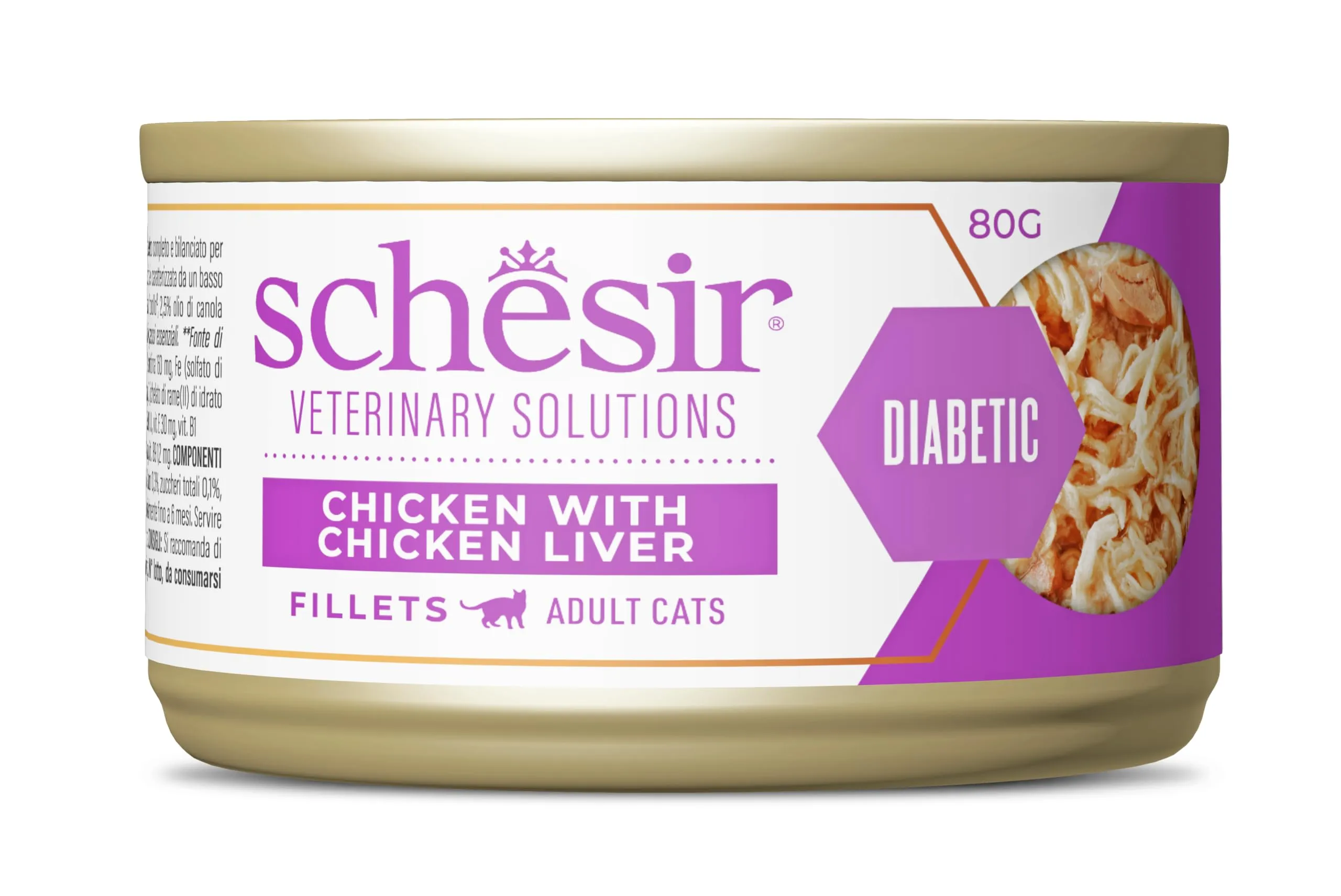 Schesir Veterinary Solutions Diabetic, Filetti Pollo con fegato di Pollo, Alimento Umido Dietetico per Gatti Adulti, Regolazione Glucosio, 8 x 80 g