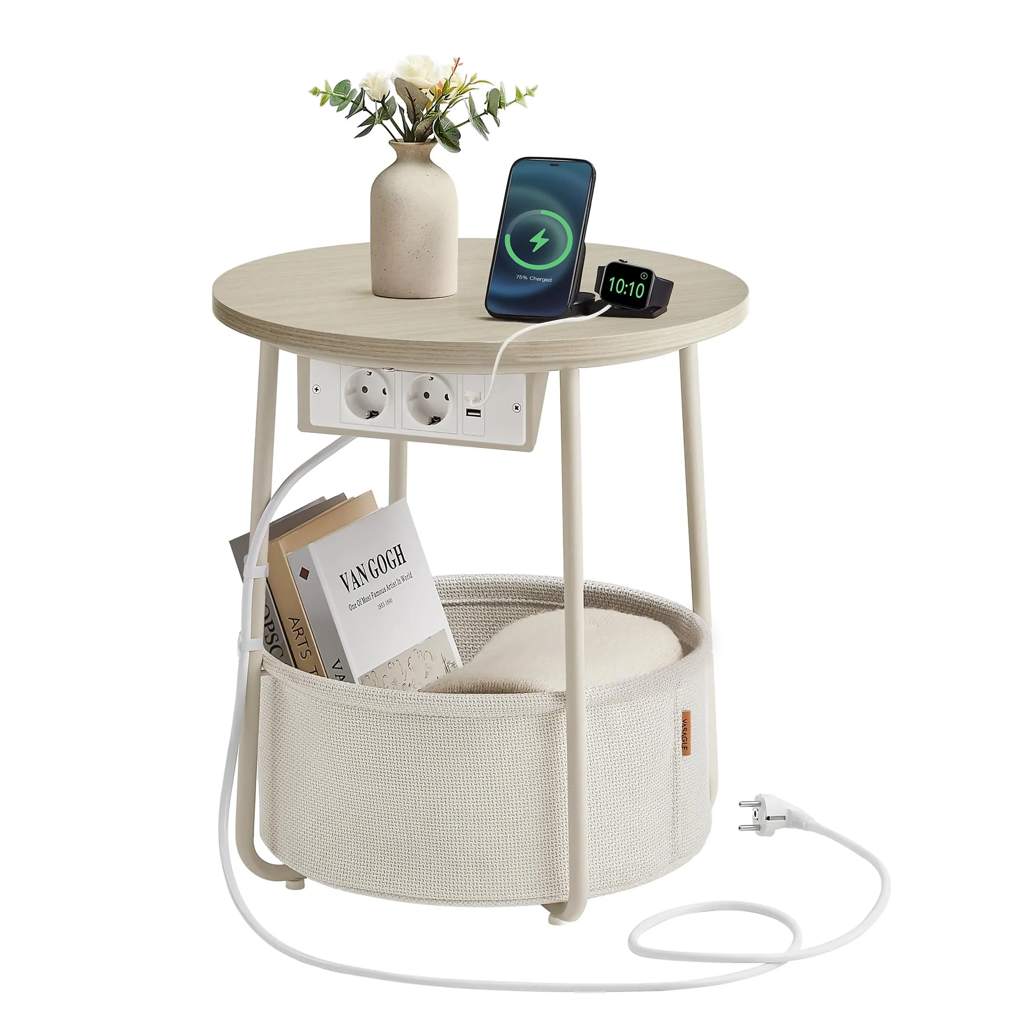 VASAGLE LILEA Collezione - Tavolino, Tavolino Rotondo con Cestino in Tessuto e Multipresa, Spazioso, per Soggiorno Camera da Letto, Comodino, Stile Moderno, Beige Naturale e Bianco Crema LET228LL01
