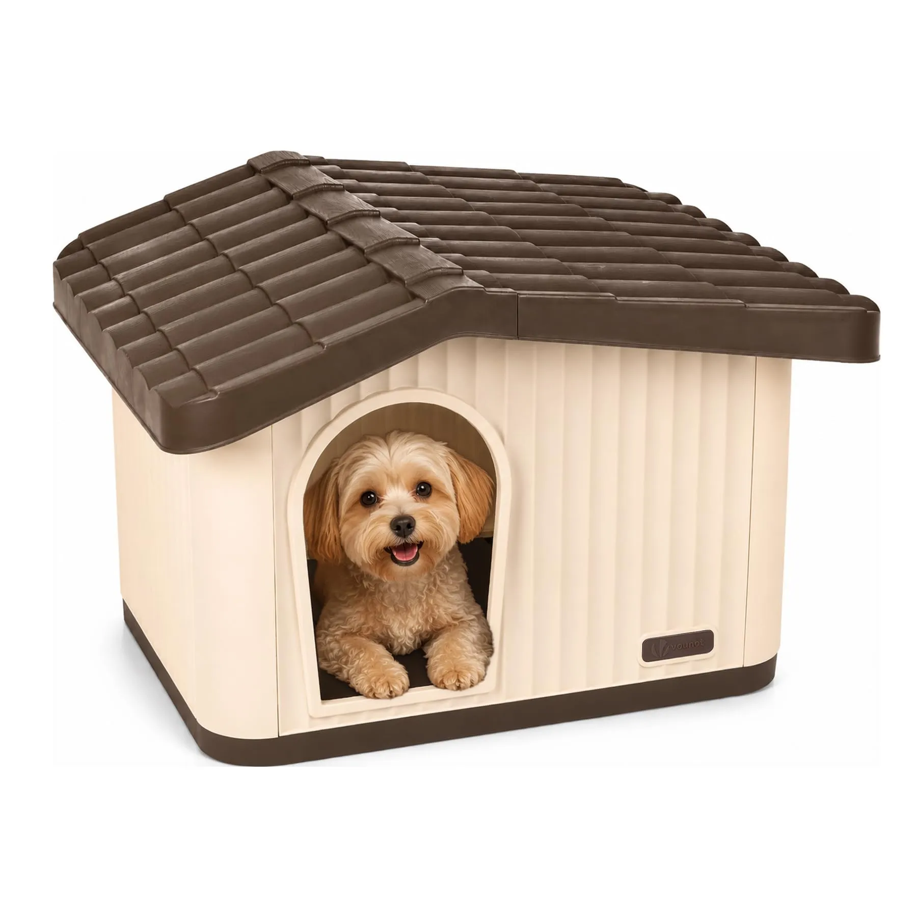 VOUNOT® Cuccia per Gatti e Cani Impermeabile con Tetto Inclinato, Casetta per Gatti da Esterno Aerazione e Piedini Antiscivolo, Cucce Confortevole per Gatto Cane o Coniglio, 60x51x41 cm, Beige