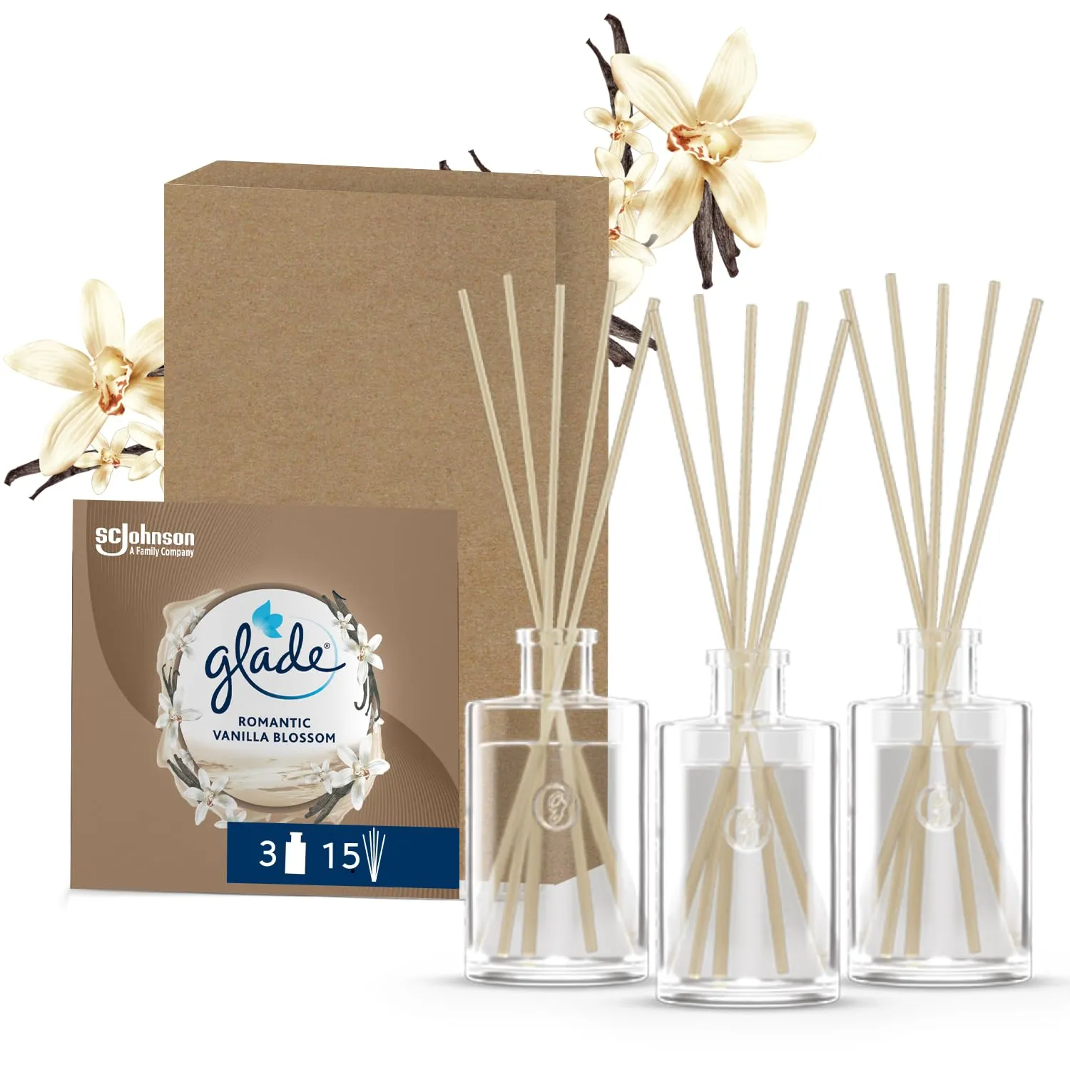 Glade Diffusore a Bastoncini, Fragranza Romantic Vanilla Blossom, (3x50 ml)