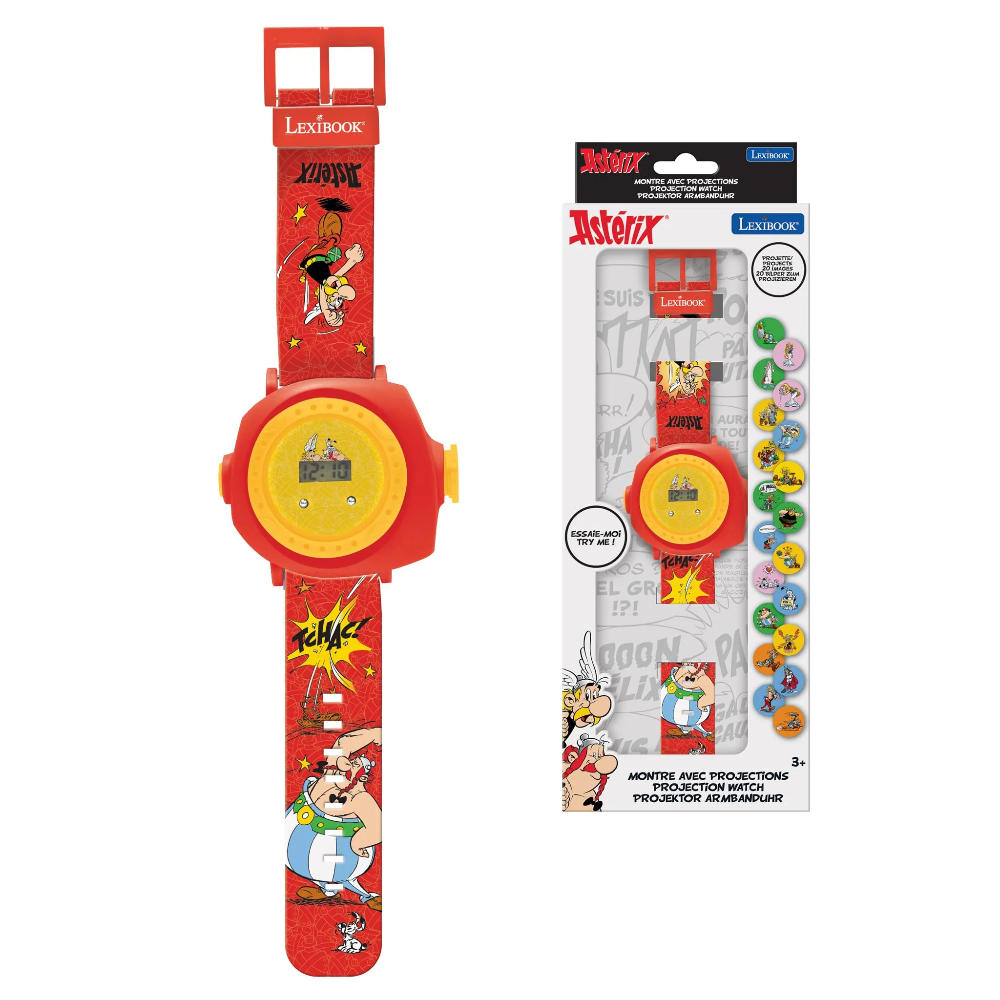 Lexibook, Astérix & Obélix, Orologio da polso regolabile con schermo digitale e 20 proiezioni dell'universo di Astérix, per bambini, DMW050AX