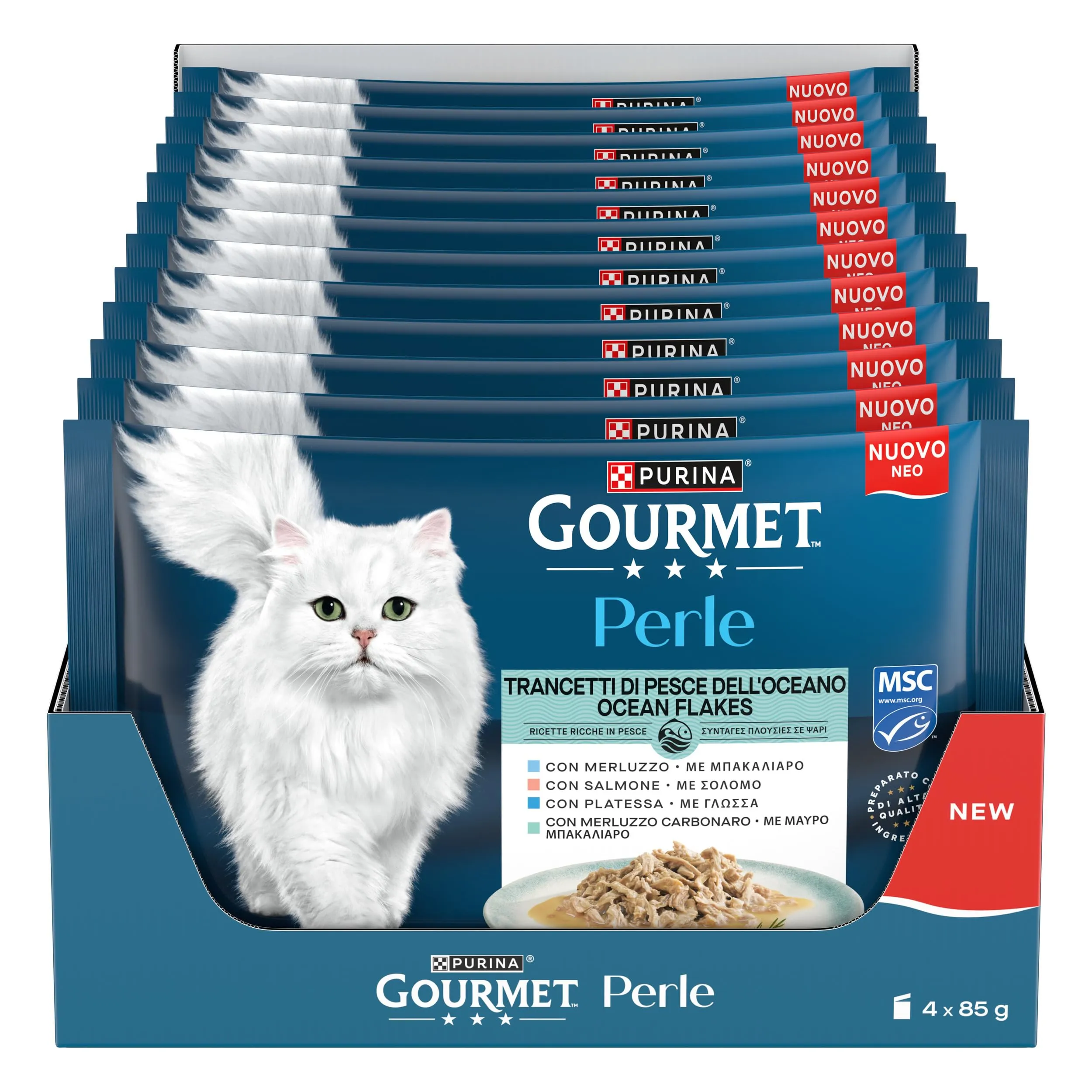 GOURMET PERLE Cibo umido per gatti Adulti Trancetti Pesce dell'Oceano con Salmone, Merluzzo, Platessa e Merluzzo Carbonaro 48 bustine da 85g